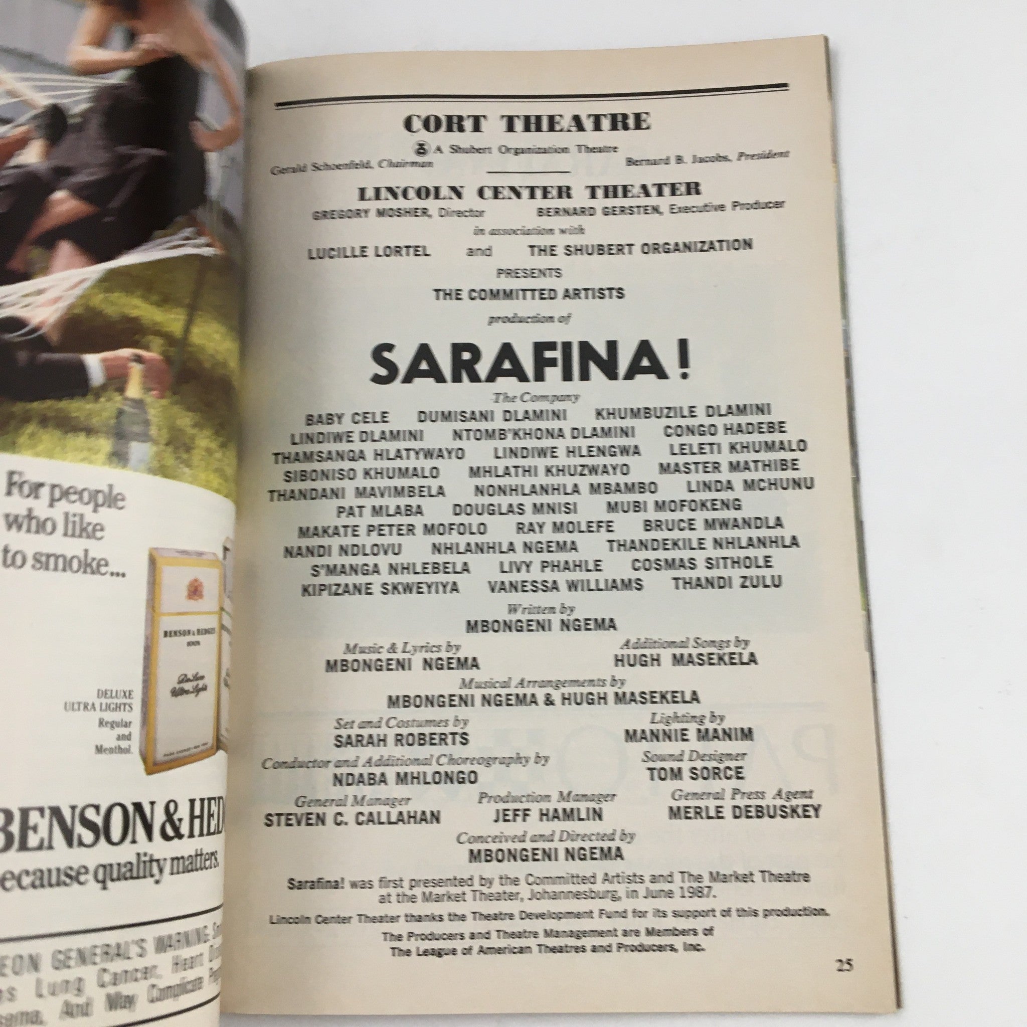 1988 Playbill Cort Theatre Lucille Lortel Present Sarafina by Mbongeni Ngema VG