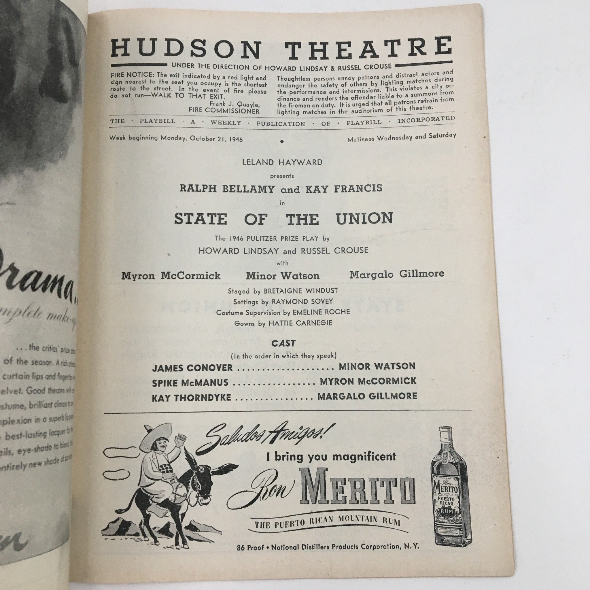 1946 Playbill Hudson Theatre Present Ralph Bellamy in State of the Union