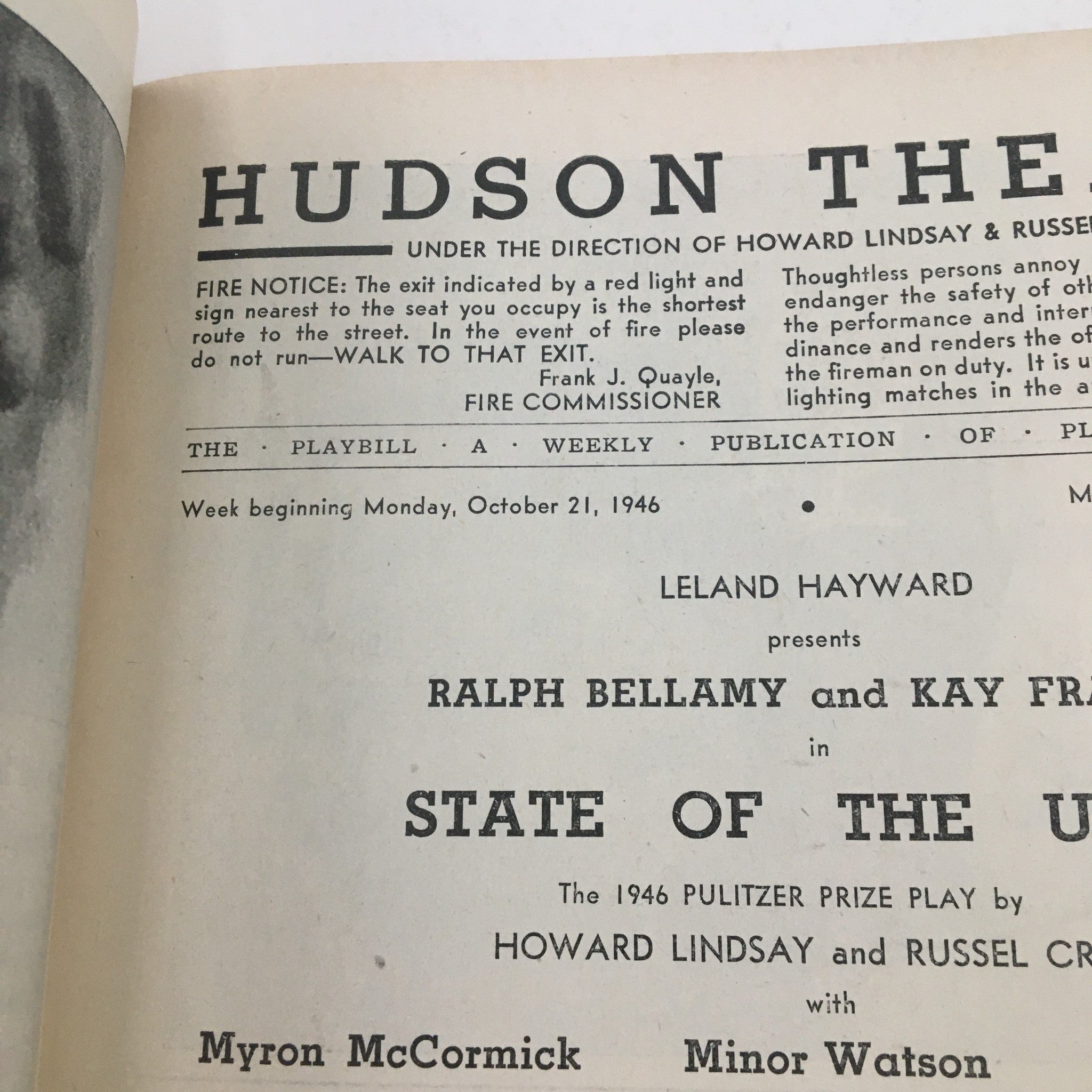 1946 Playbill Hudson Theatre Present Ralph Bellamy in State of the Union