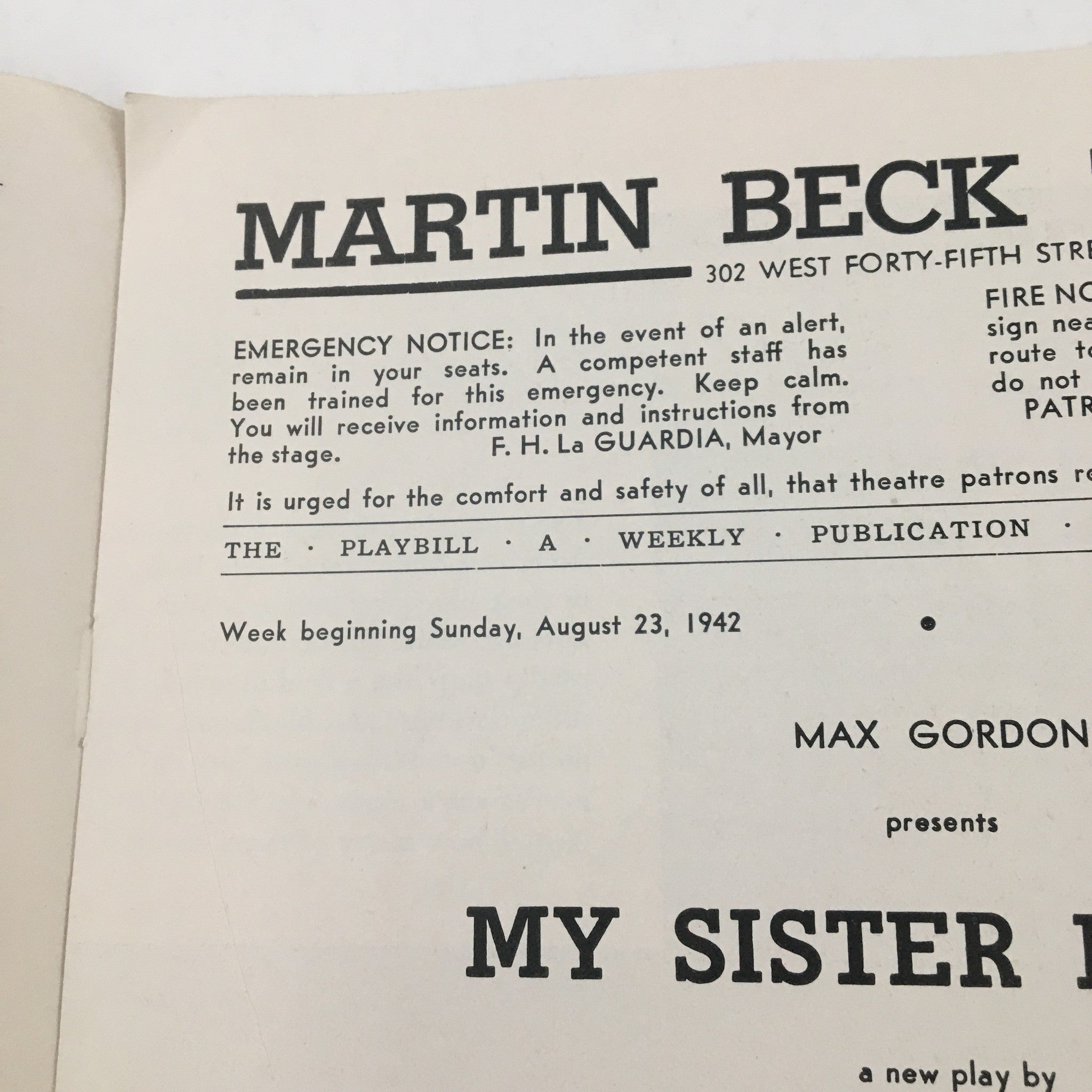 1942 Playbill Martin Beck Theatre Max Gordon Present My Sister Eileen by Ruth M.