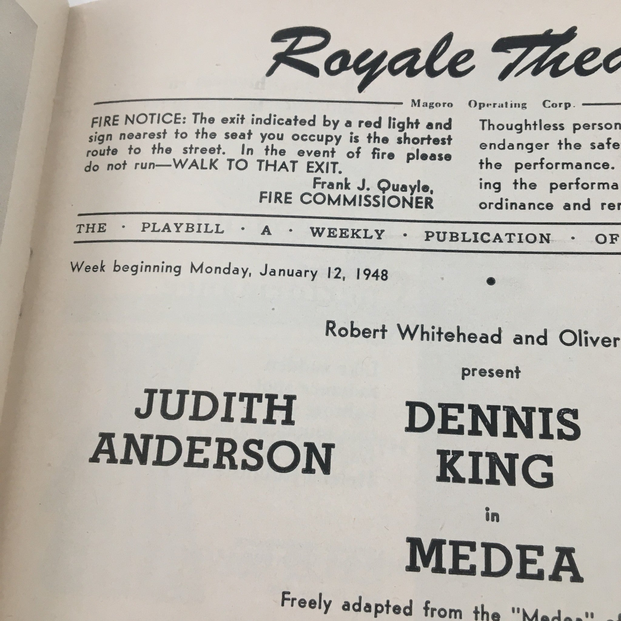 1948 Playbill Royale Theater Robert Whitehead Present Judith Anderson in Medea