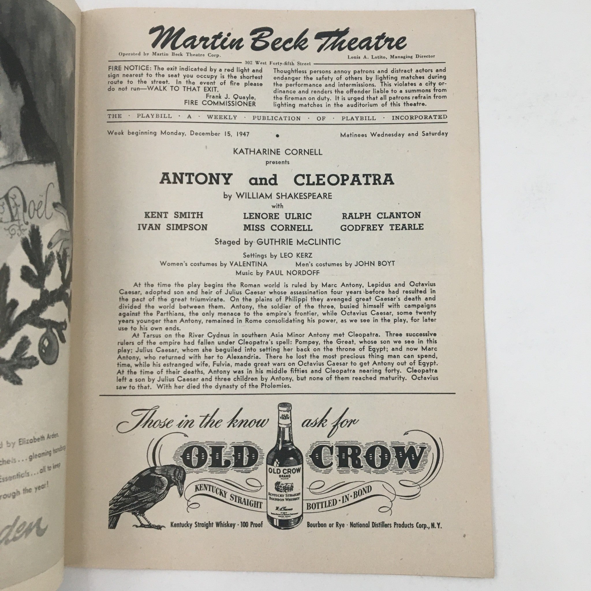 1947 Playbill Martin Beck Theatre Present Anthony & Cleopatra by W. Shakespeare