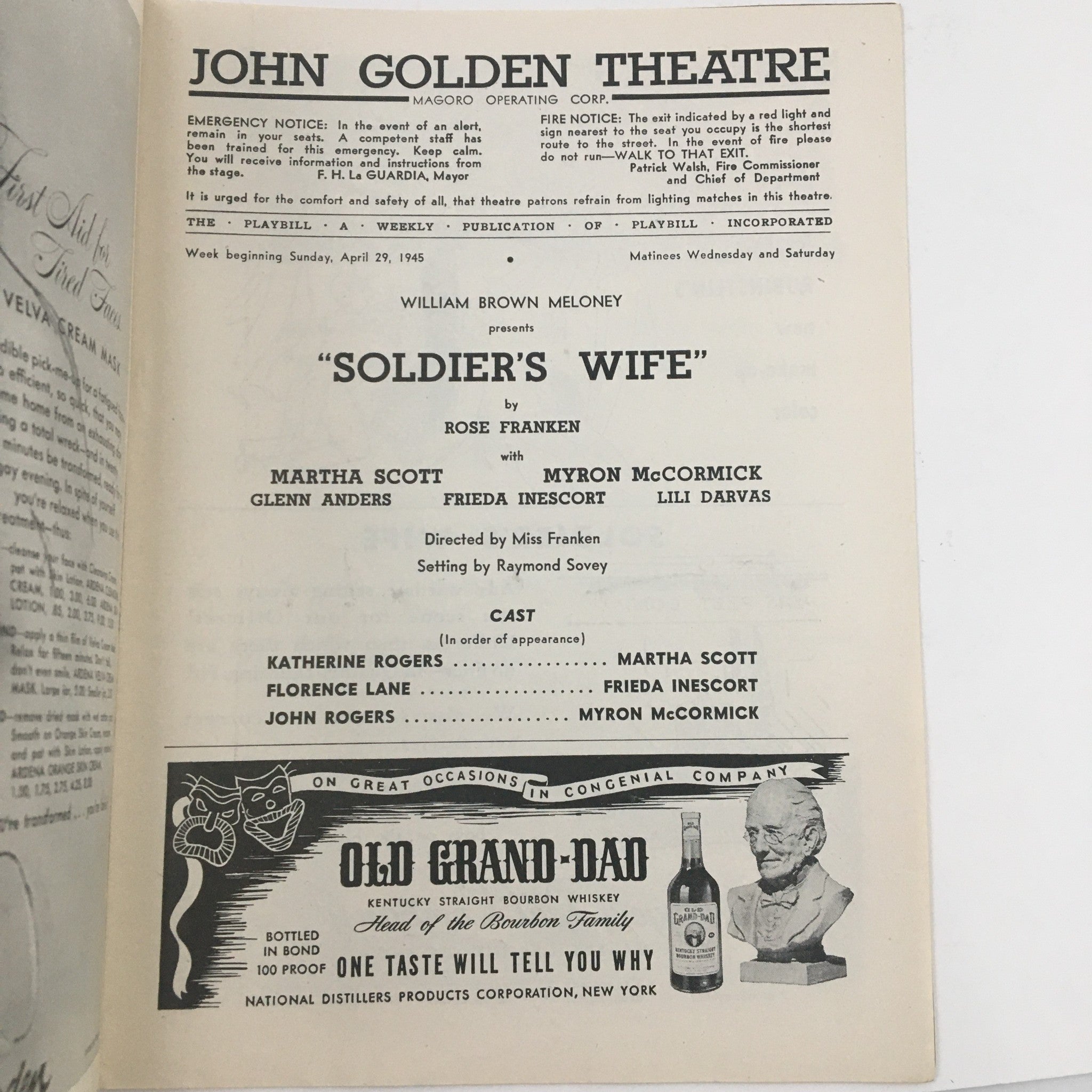 1945 Playbill John Golden Theatre Presents Soldier's Wife by Rose Franken