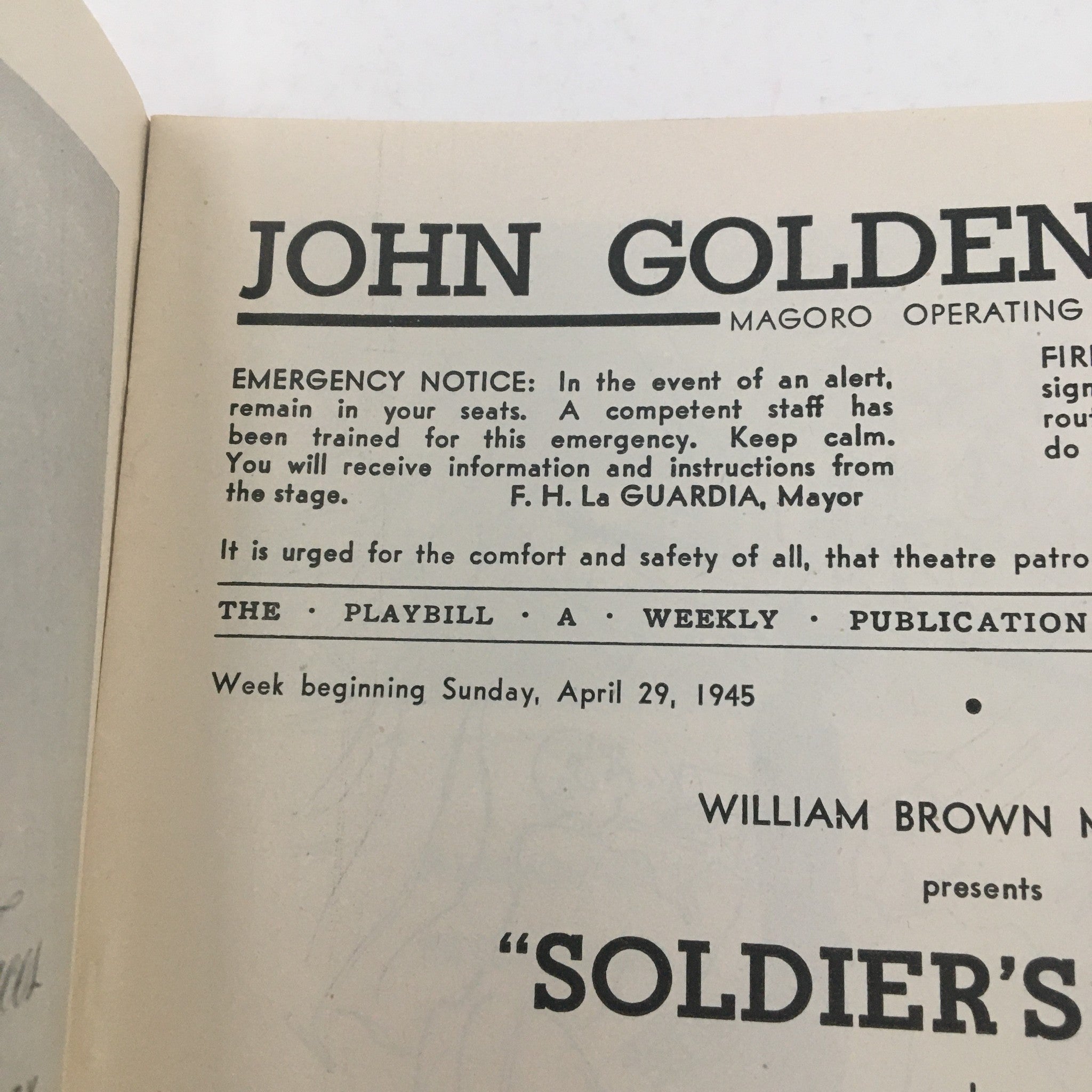 1945 Playbill John Golden Theatre Presents Soldier's Wife by Rose Franken