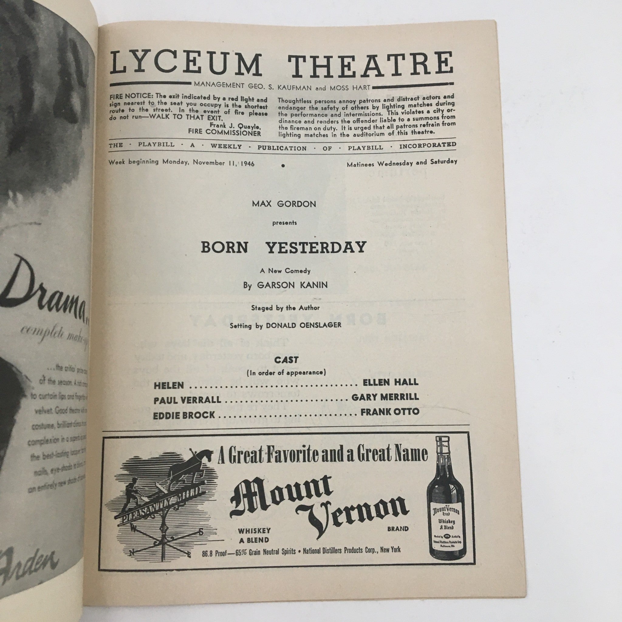 1946 Playbill Lyceum Theatre Max Gordon Present Born Yesterday by Garson Kanin