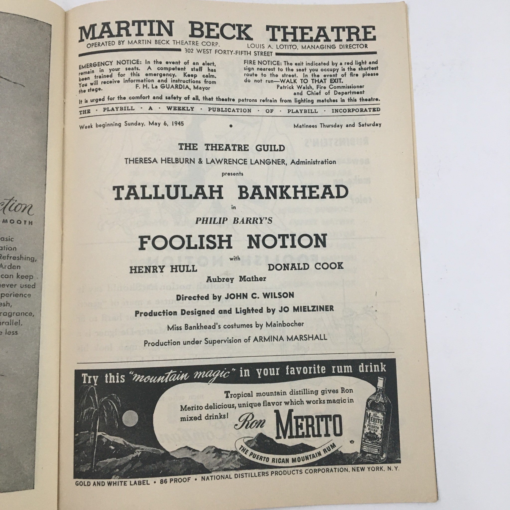 1945 Playbill Martin Beck Theatre Present Tallulah Bankhead in Foolish Notion