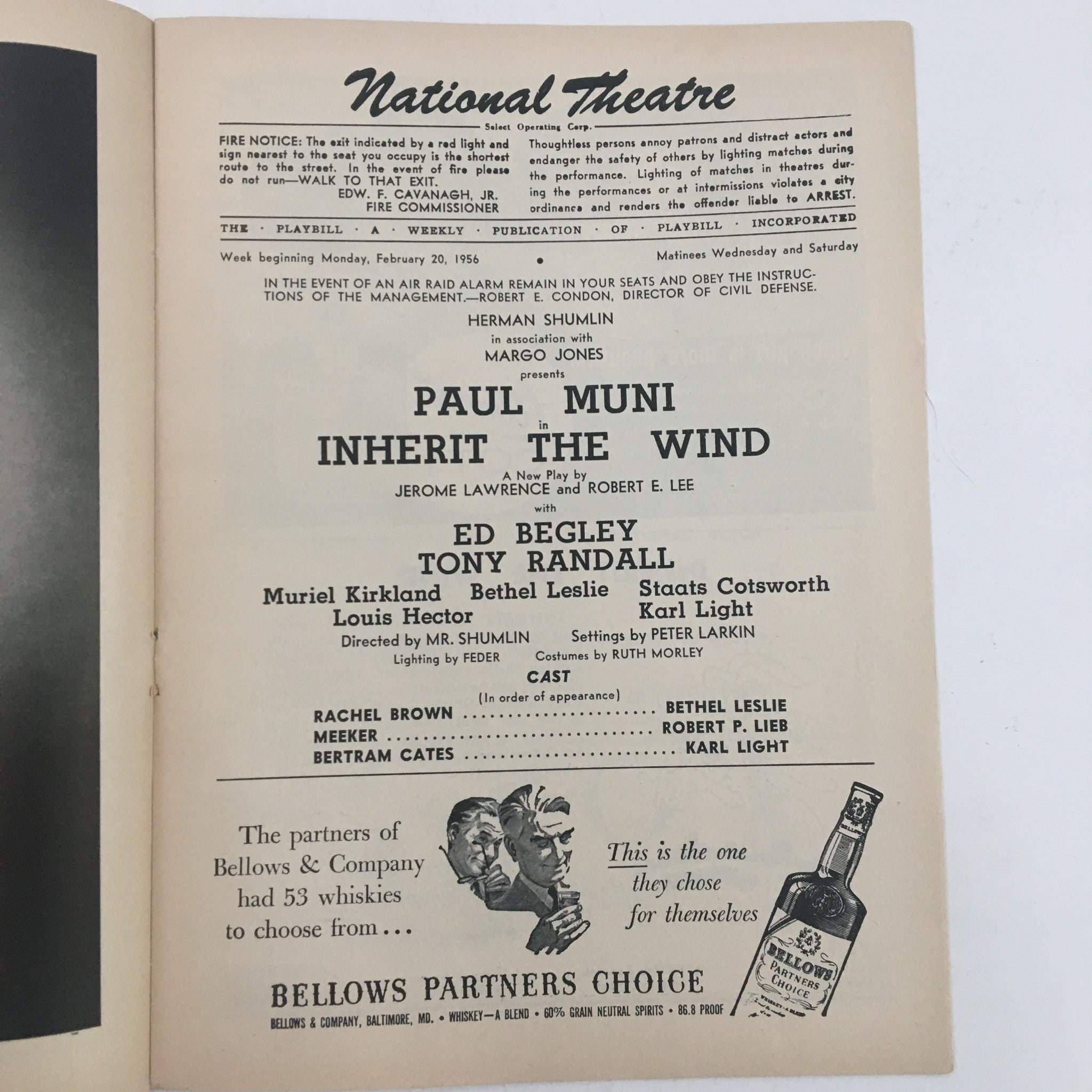 1956 Playbill National Theatre Presents Paul Muni in Inherit The Wind