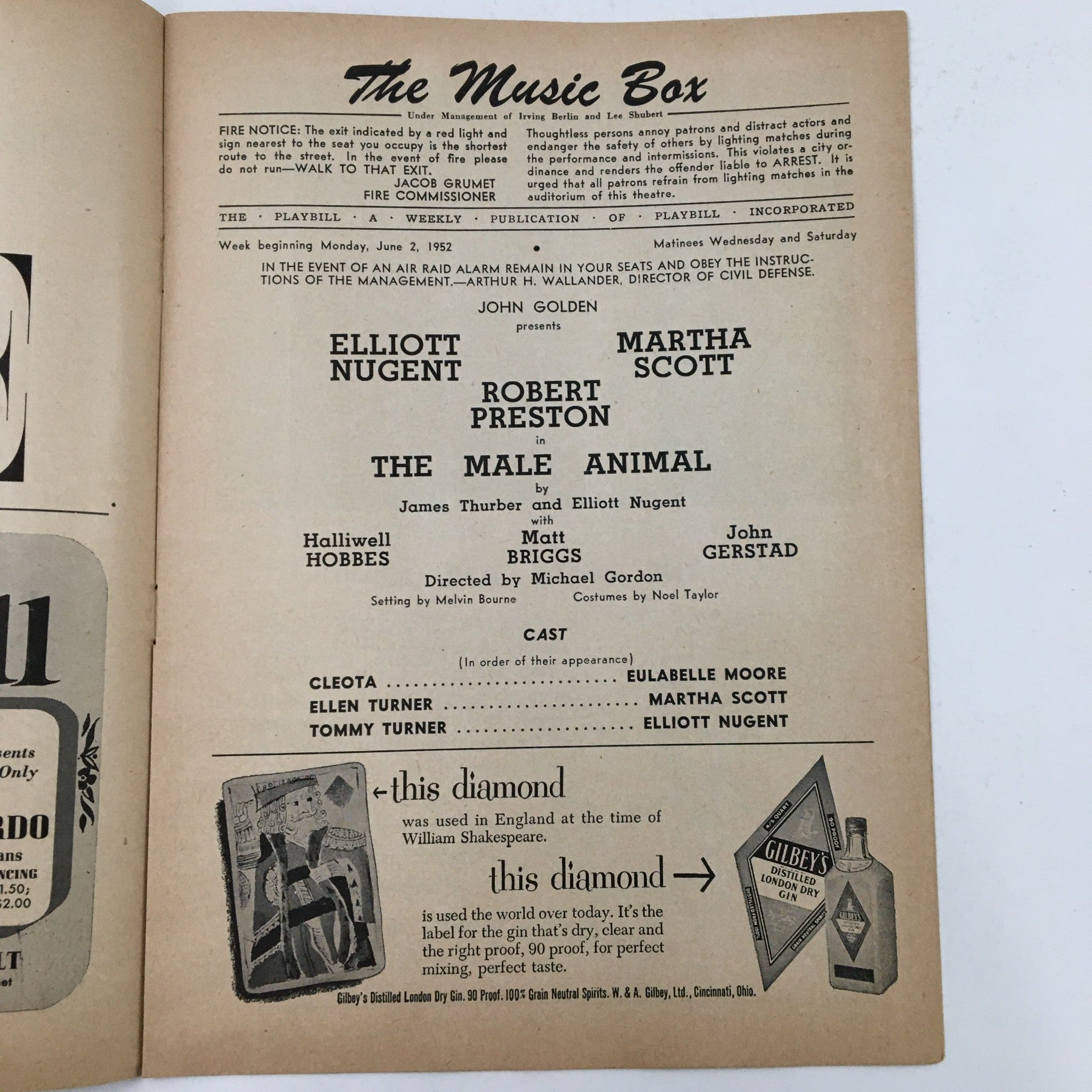 1952 Playbill The Music Box John Golden Present The Male Animal by James Thurber