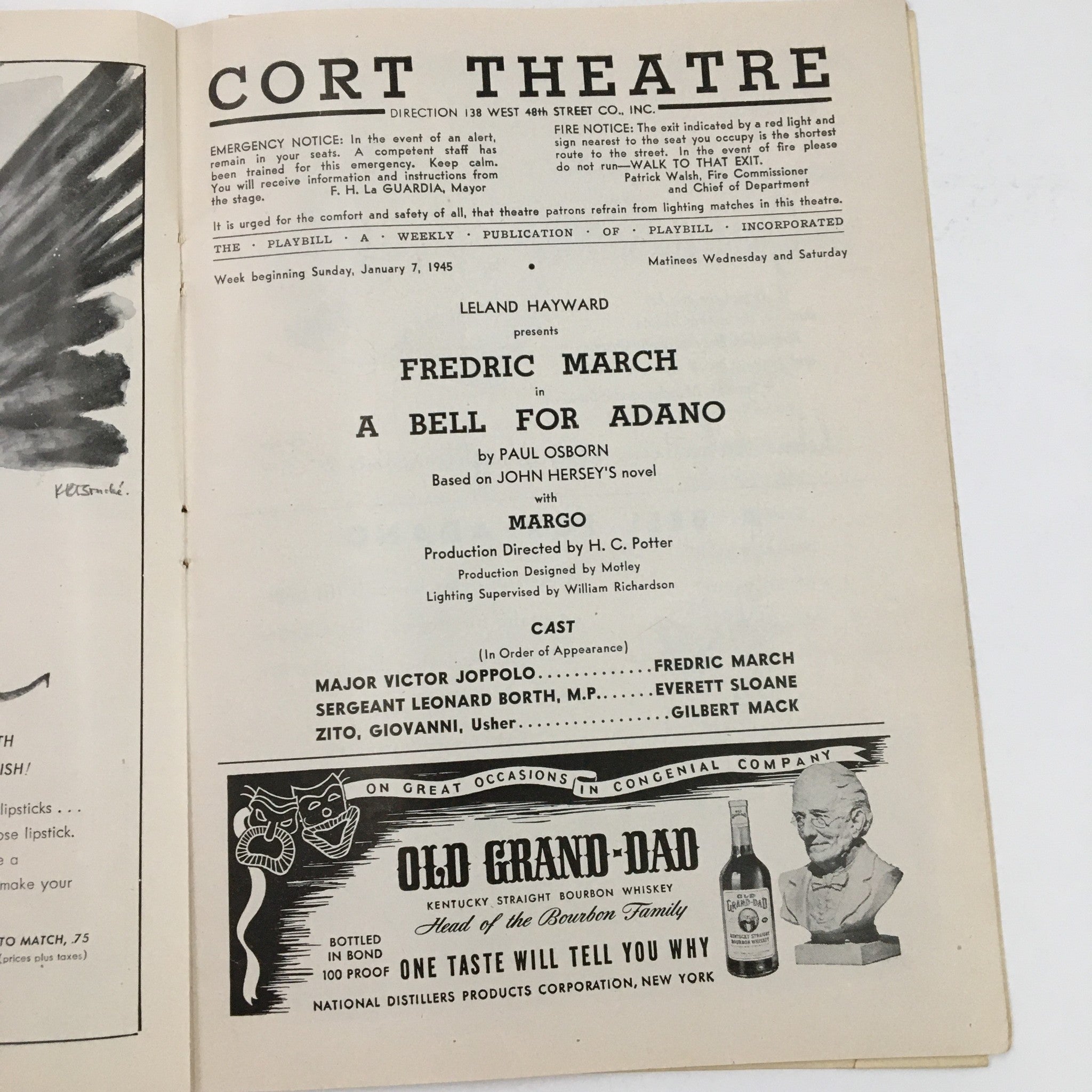 1945 Playbill Cort Theatre Leland Hayward Present A Bell For Adano by P. Osborn