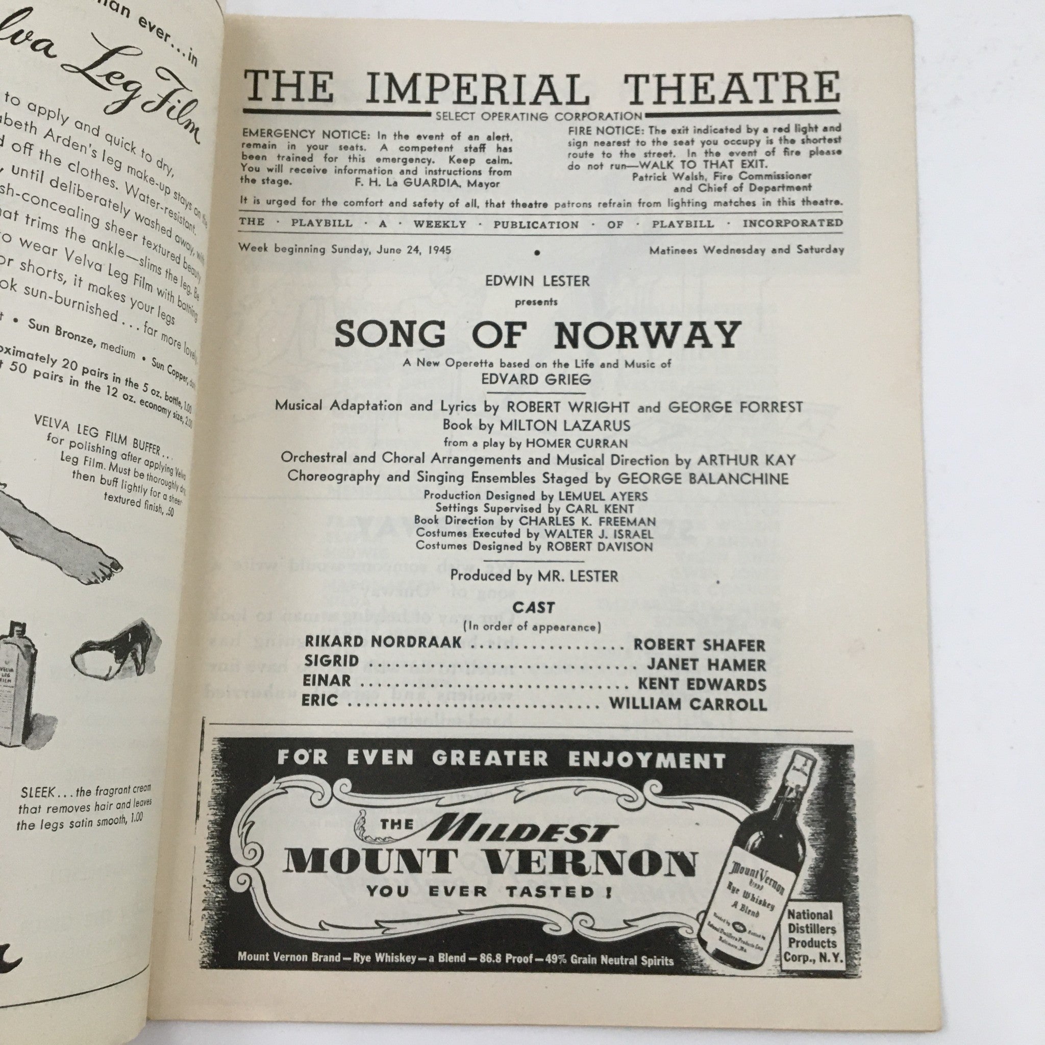 1945 Playbill The Imperial Theatre Edwin Lester Present Song of Norway