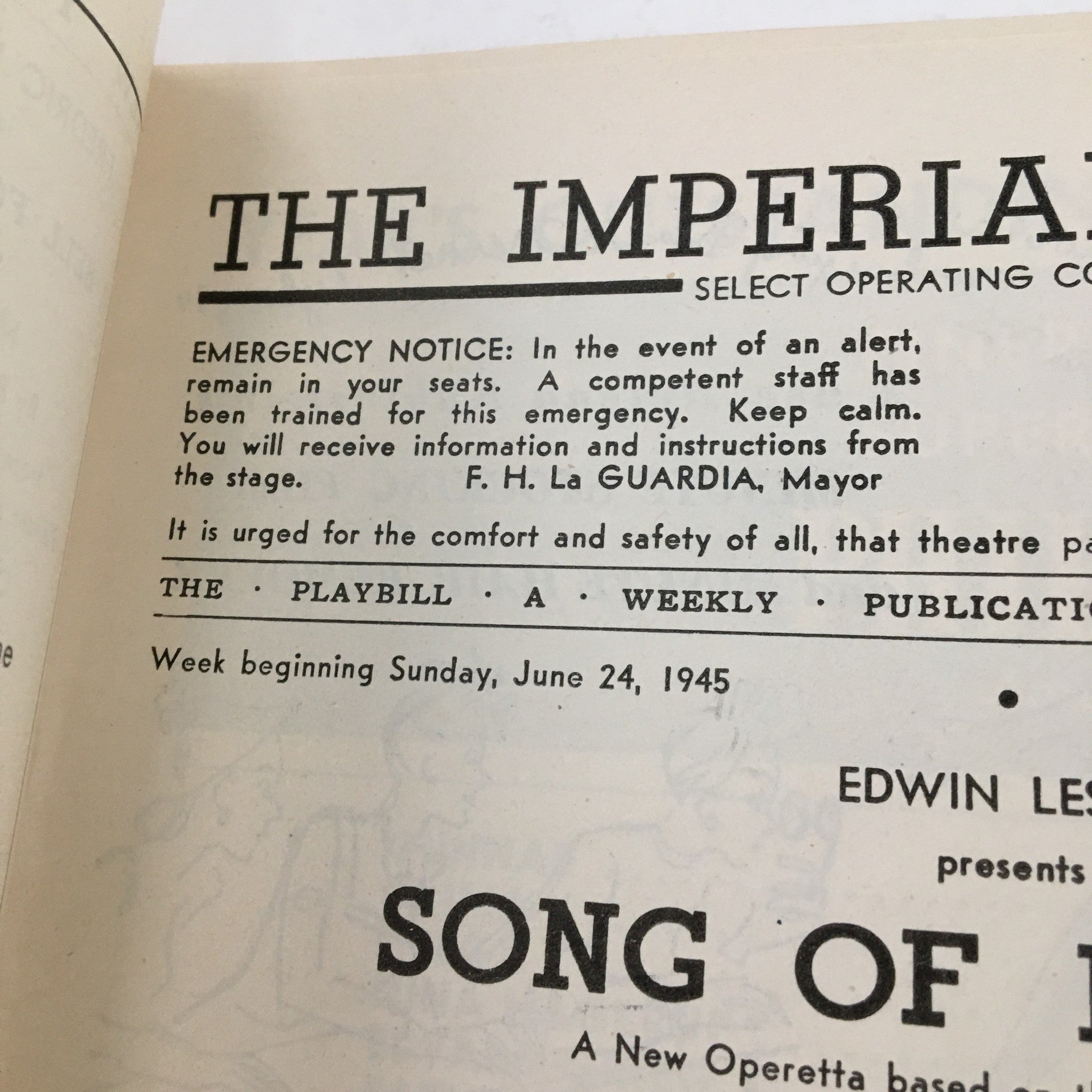 1945 Playbill The Imperial Theatre Edwin Lester Present Song of Norway