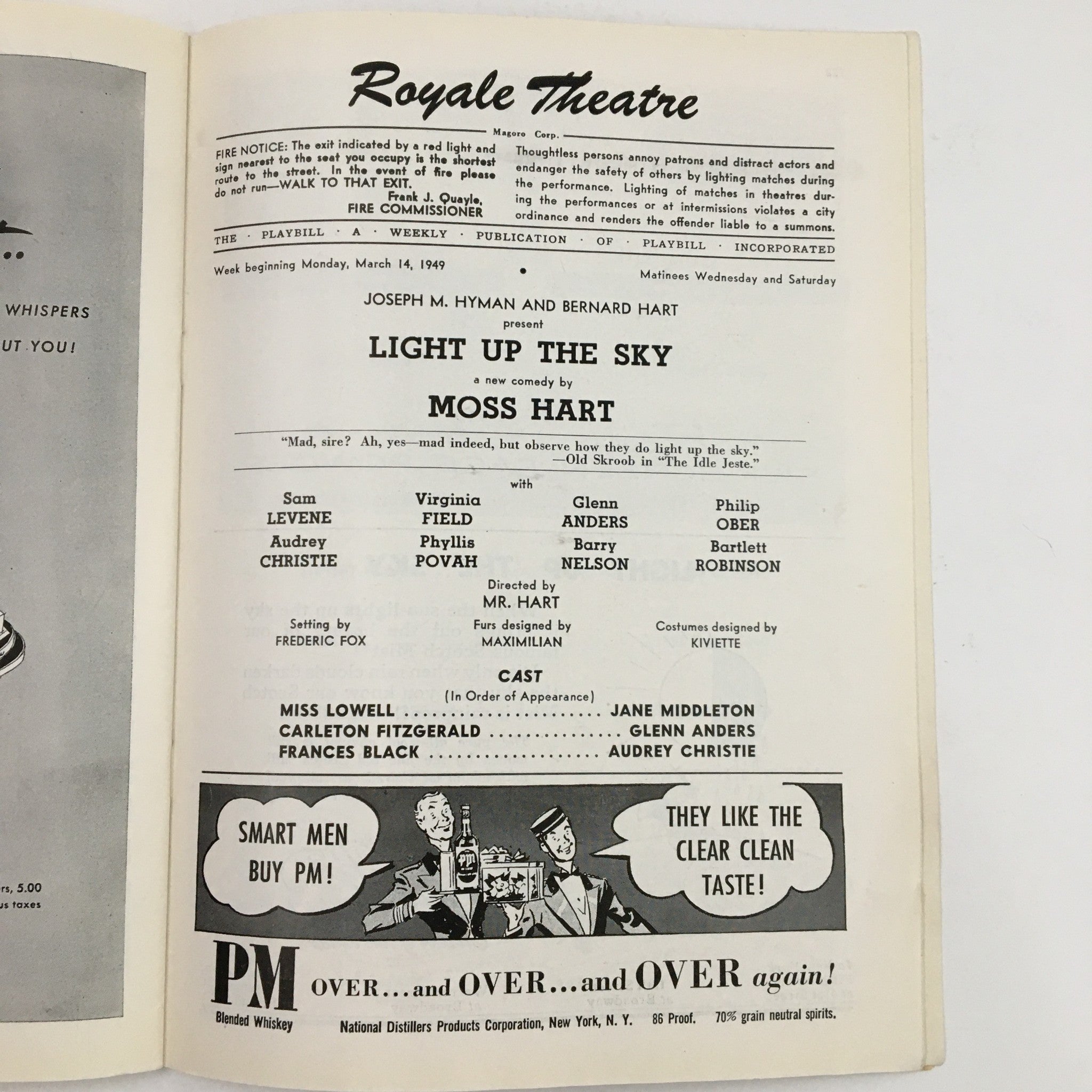 1949 Playbill Royale Theatre Present Light Up The Sky New Comedy by Moss Hart