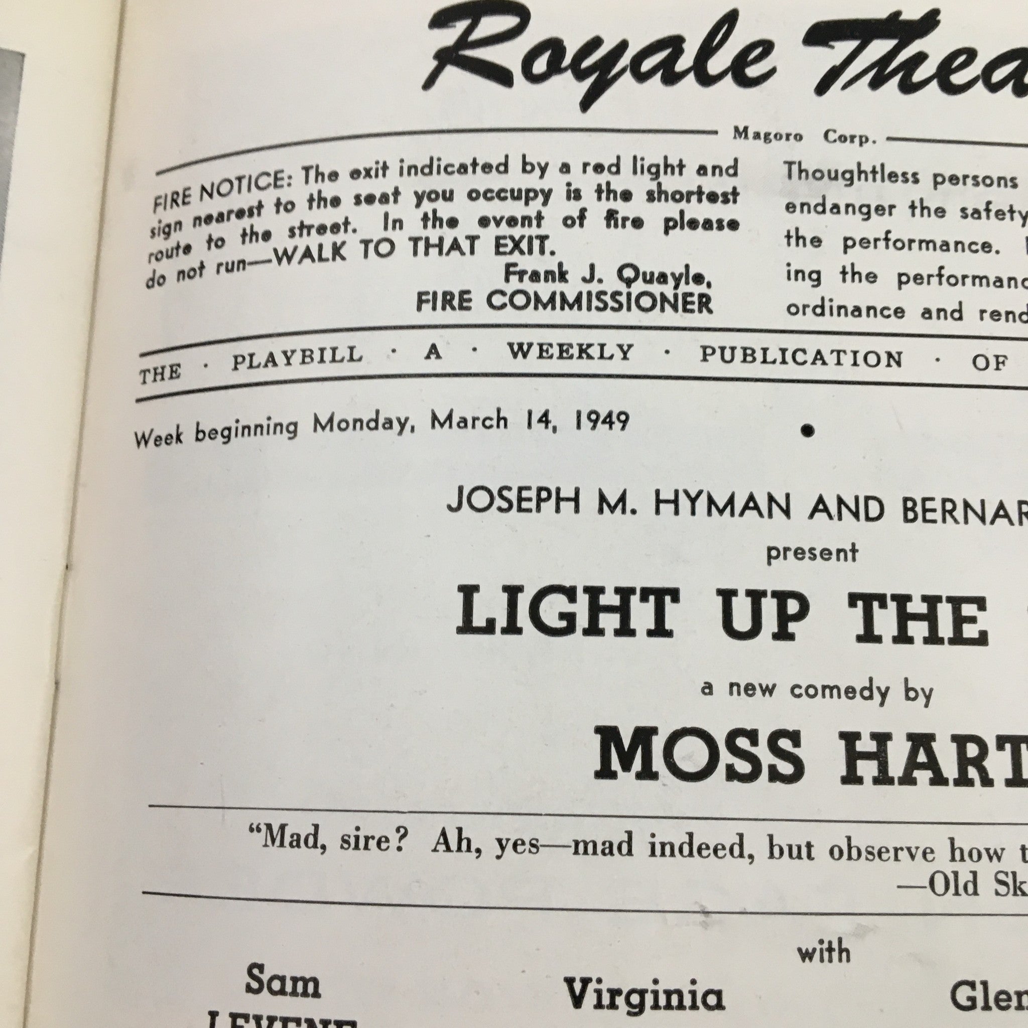 1949 Playbill Royale Theatre Present Light Up The Sky New Comedy by Moss Hart