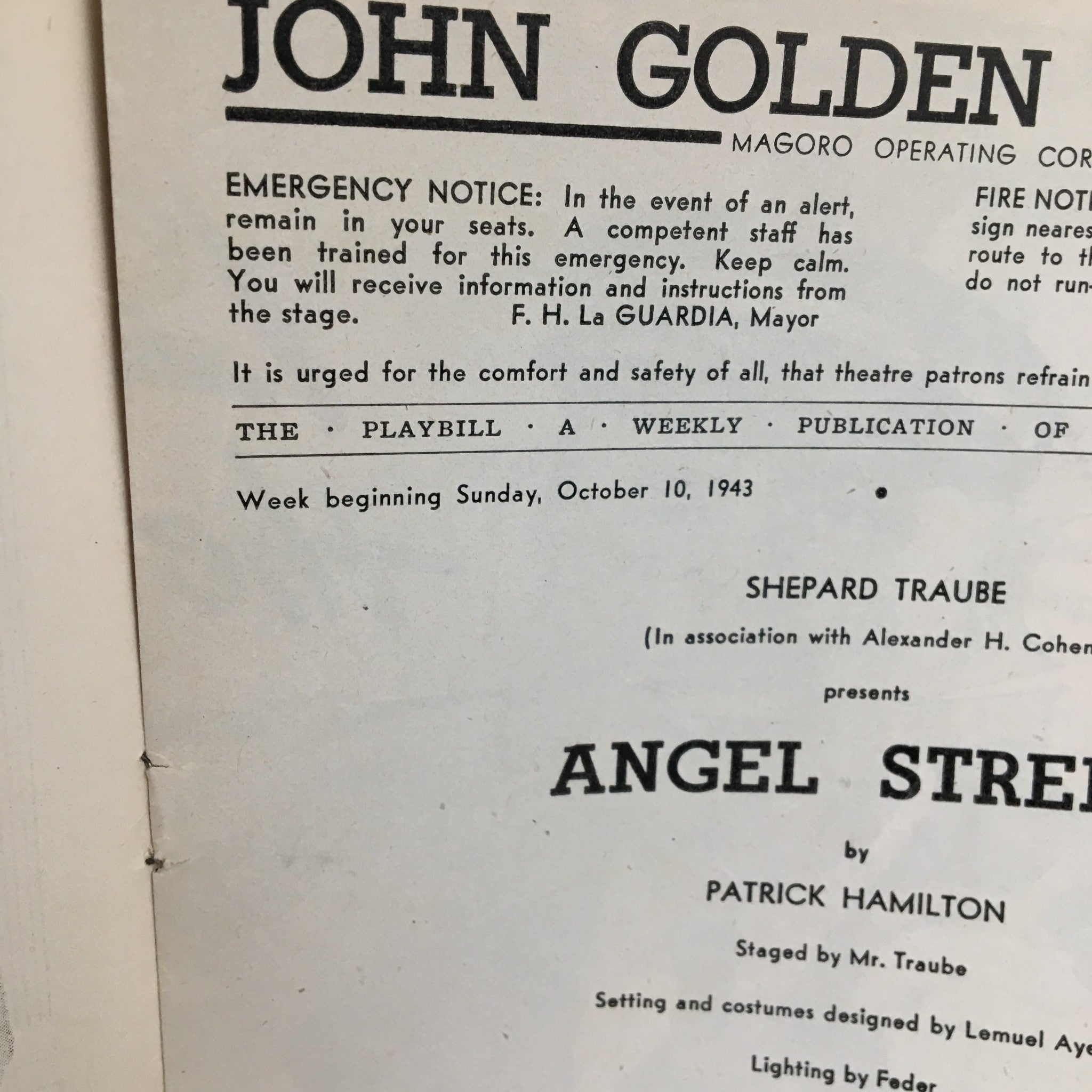 1943 Playbill John Golden Theatre Shepard Traube Present Angel Street