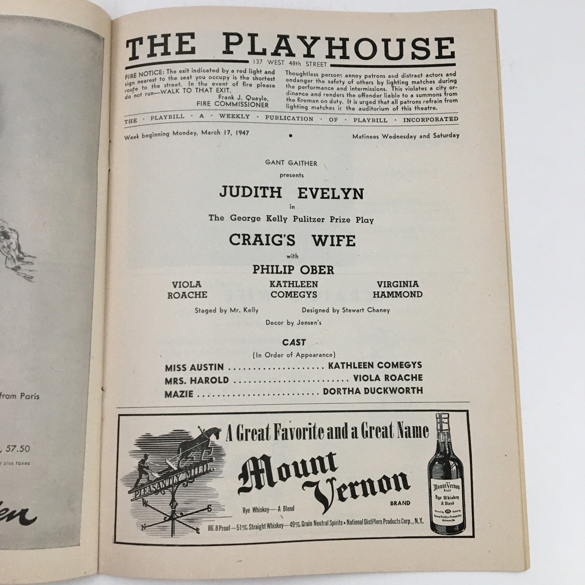 1947 Playbill The Playhouse Ganth Gaither Present Judith Evelyn in Craig's Wife