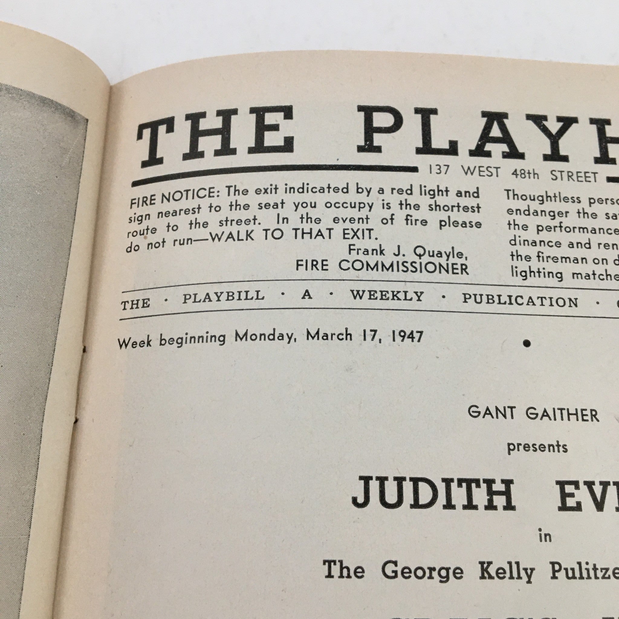 1947 Playbill The Playhouse Ganth Gaither Present Judith Evelyn in Craig's Wife