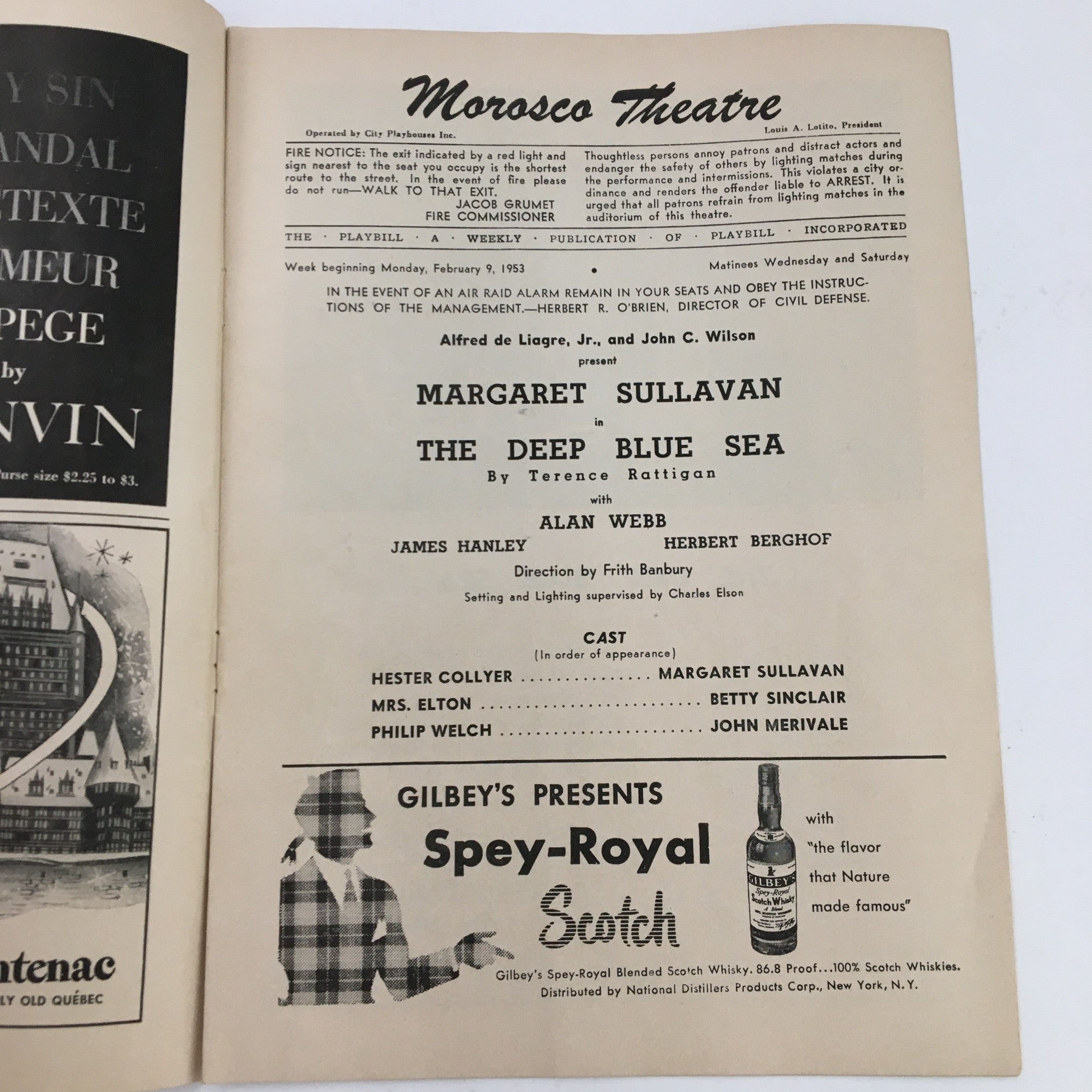 1953 Playbill Morosco Theatre Present Margaret Sulavan in The Deep Blue Sea