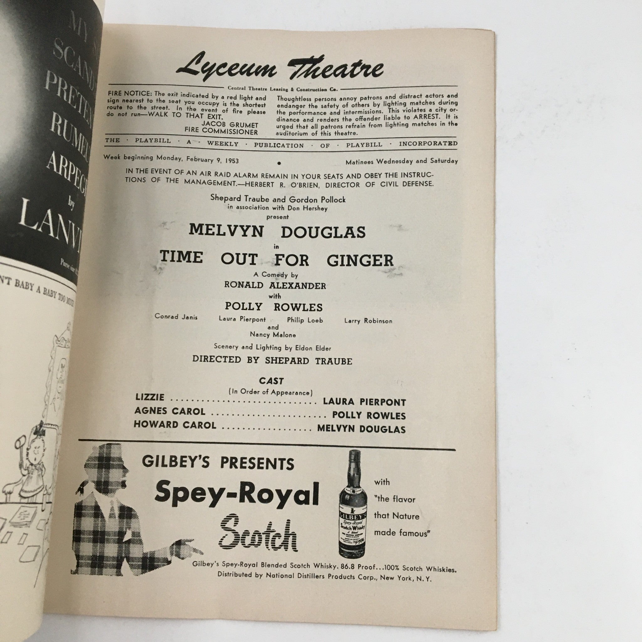 1953 Playbill Lyceum Theatre Present Melvyn Douglas in Time Out For Ginger