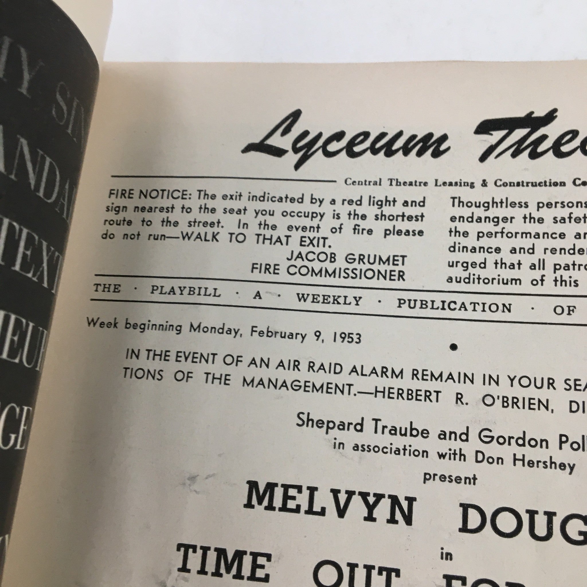 1953 Playbill Lyceum Theatre Present Melvyn Douglas in Time Out For Ginger