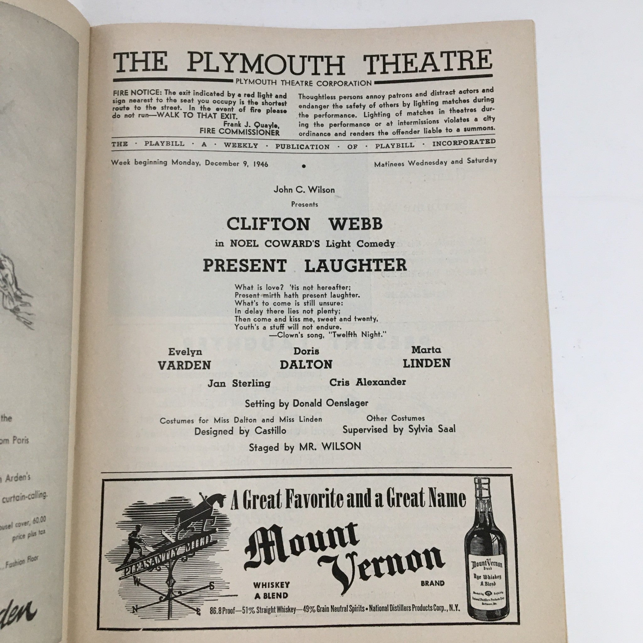 1946 Playbill The Plymouth Theatre Present Clifton Webb in Present Laughter