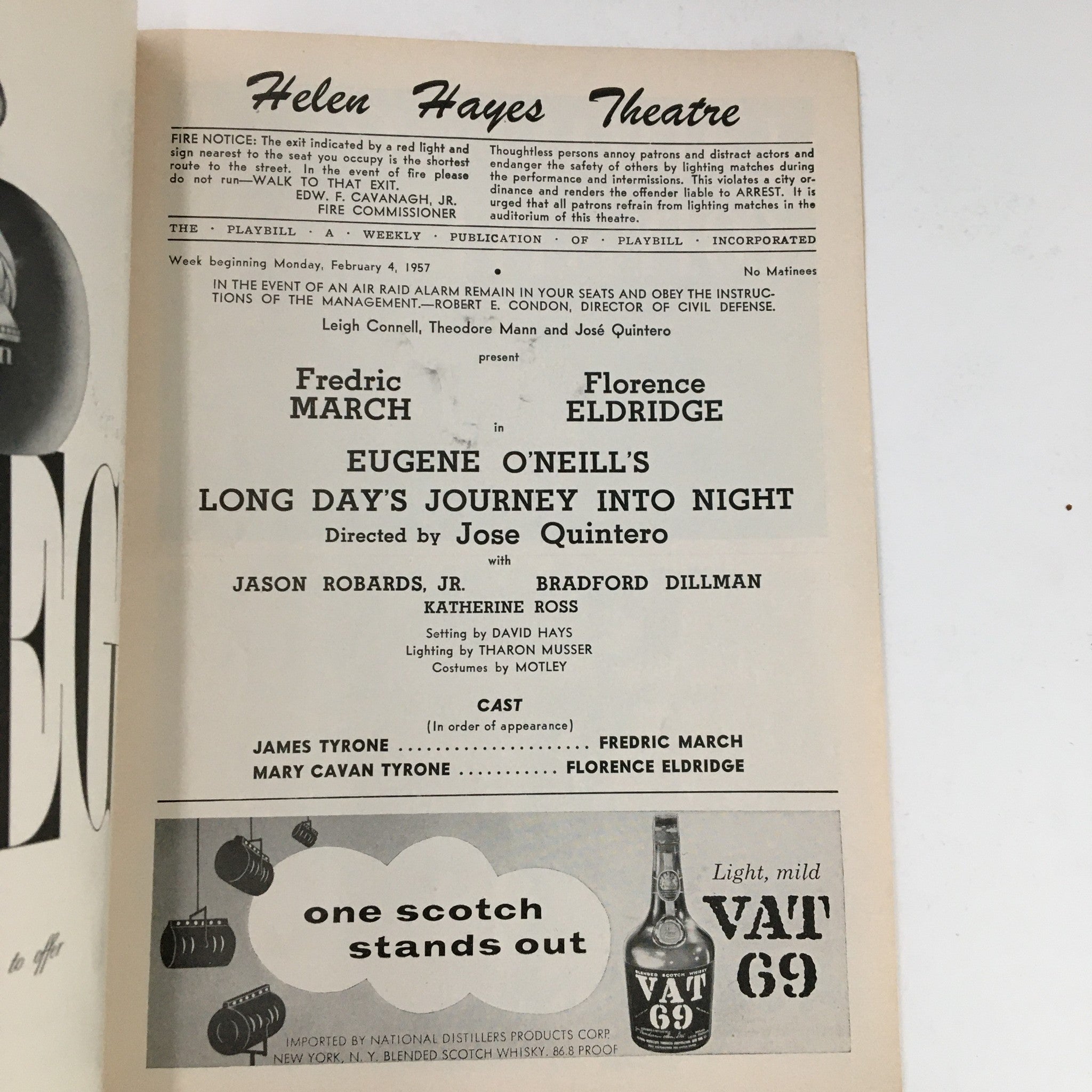 1957 Playbill Helen Hayes Theatre Present Long Day's Journey Into Night