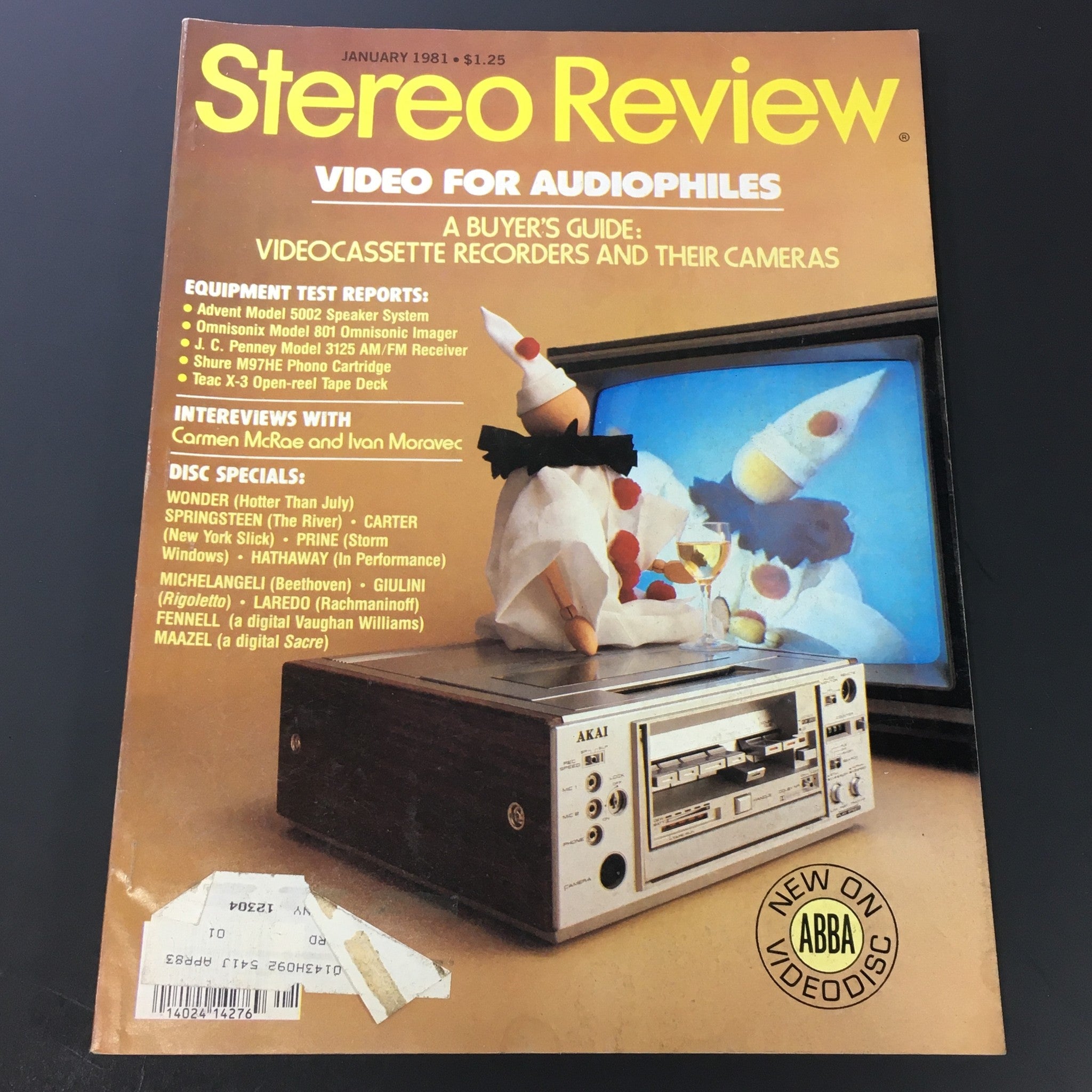 Cover of the VTG Stereo Review Music Magazine from January 1981 featuring a buyer's guide on videocassette recorders and their cameras. The cover includes an illustration of a vintage AKAI tape deck and puppets, along with details of equipment test reports and interviews including Carmen McRae.