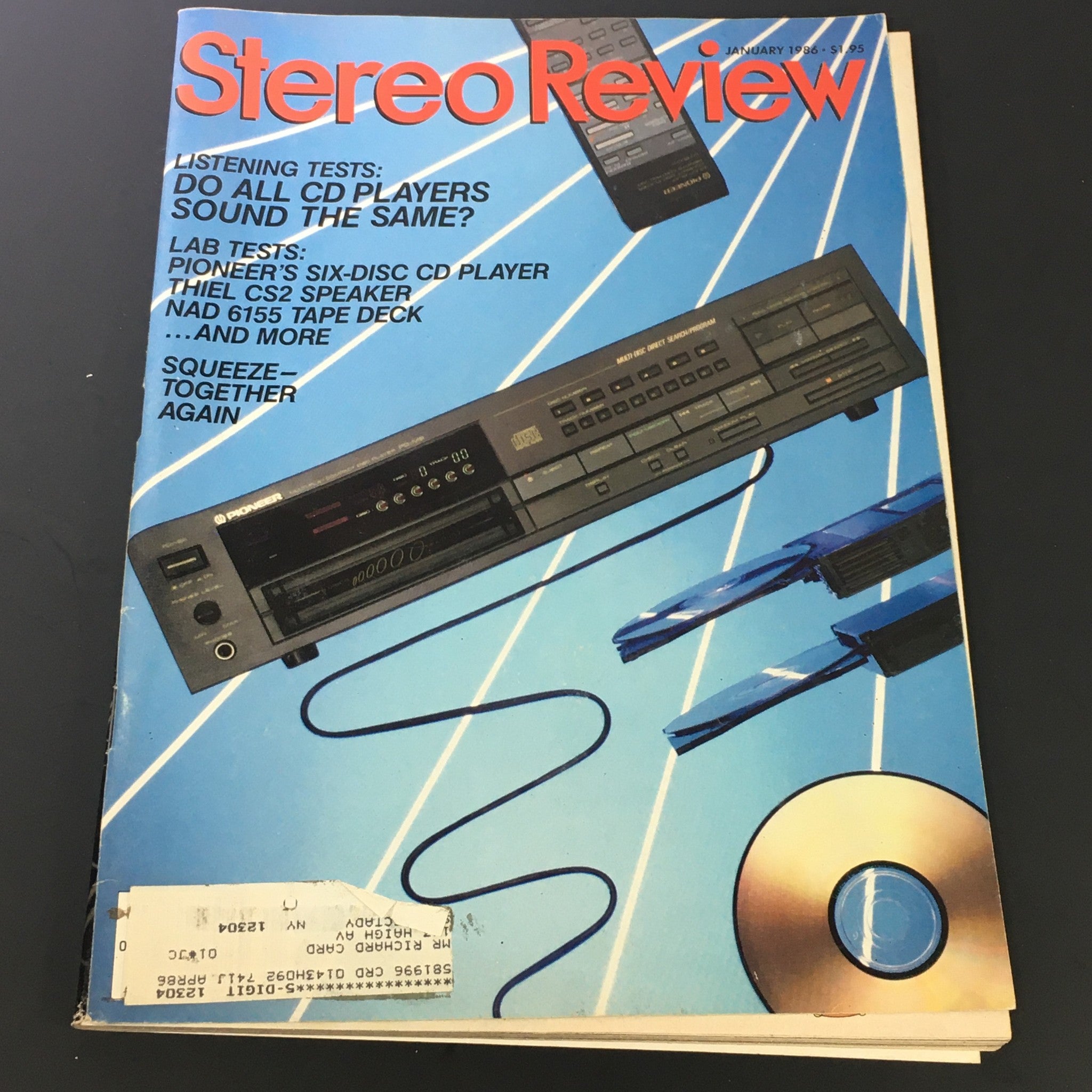 Vintage Stereo Review Music Magazine, January 1986 cover featuring Pioneer's six-disc CD player and audio equipment highlights.