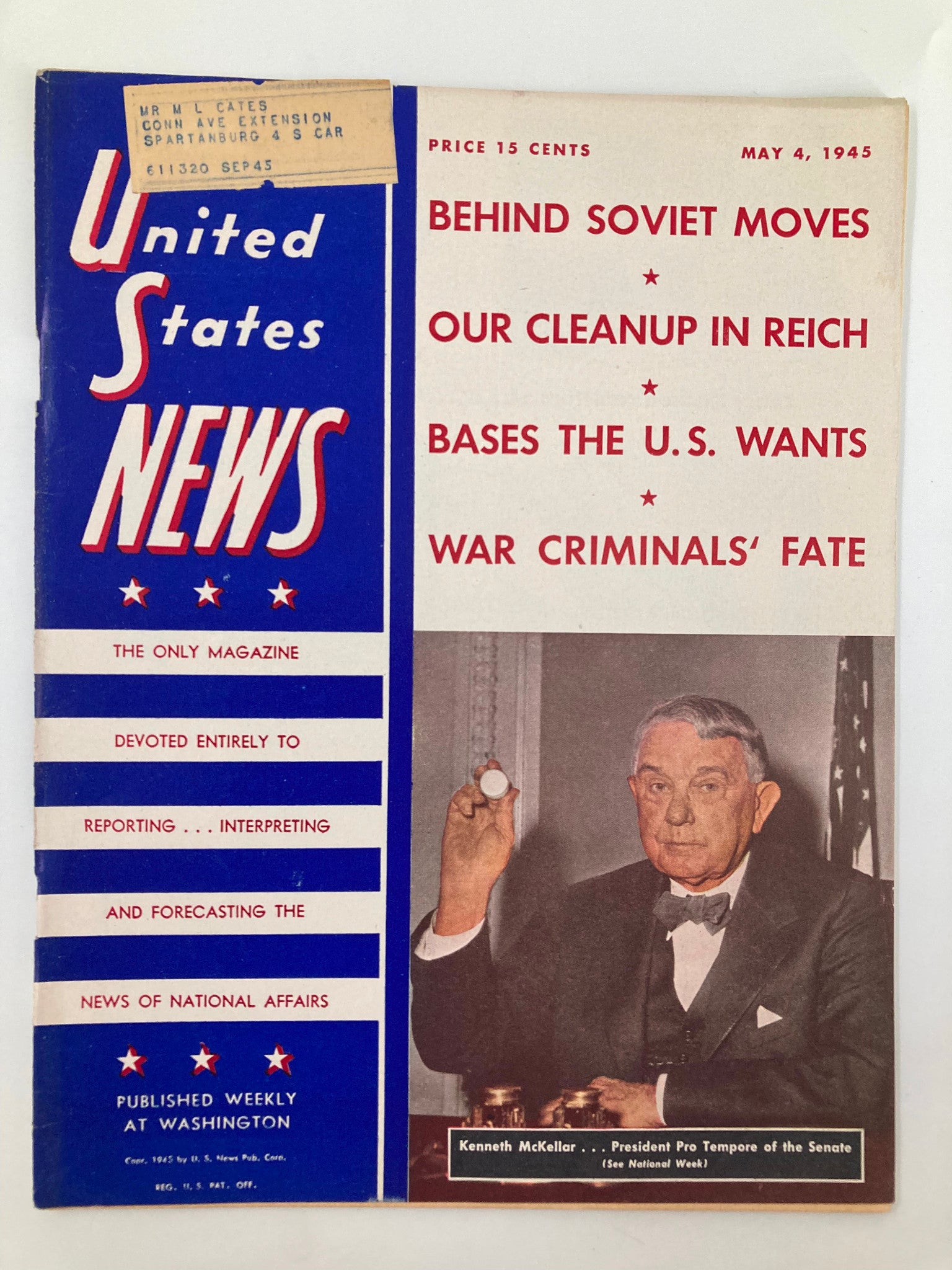 US News & World Report Magazine May 4 1945 Kenneth McKellar Pres. of Pro Tempore