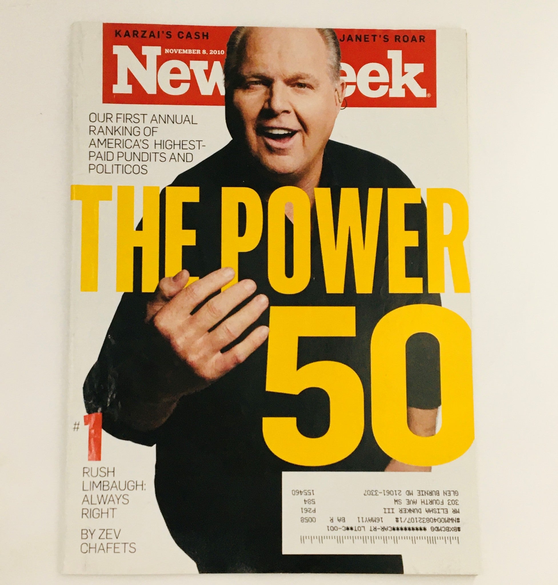 RES* Newsweek Magazine November 8 2010 Rush Limbaugh VG