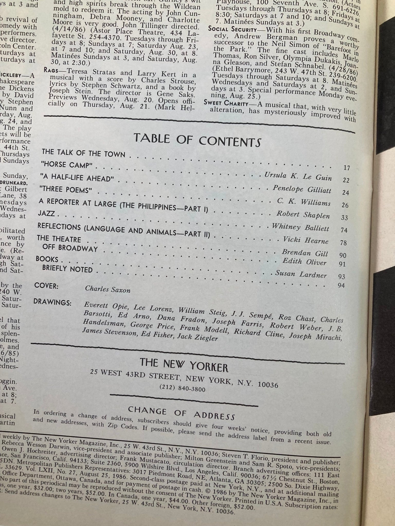 The New Yorker Full Magazine August 25 1986 Pizza Boat by Charles Saxon No Label