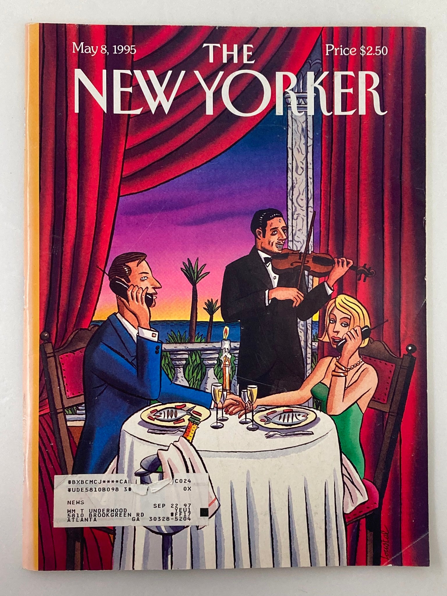 Cover of The New Yorker magazine from May 8, 1995, featuring the artistic illustration 'Sweet Nothings' by Jacques de Loustal. The cover depicts an elegant dining scene with a man in a tuxedo playing violin, a couple at a table, and a backdrop of a colorful sunset, showcasing vintage magazine artistry.