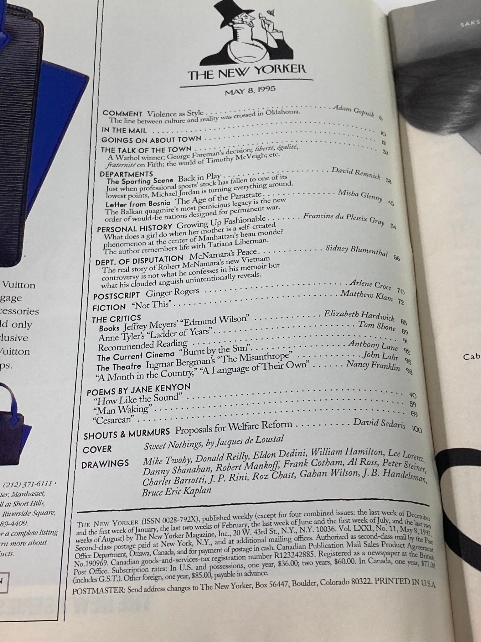 Interior page of The New Yorker magazine, May 8, 1995, featuring the table of contents and notable articles including 'Sweet Nothings' by Jacques de Loustal, showcasing the vintage editorial style of the publication.