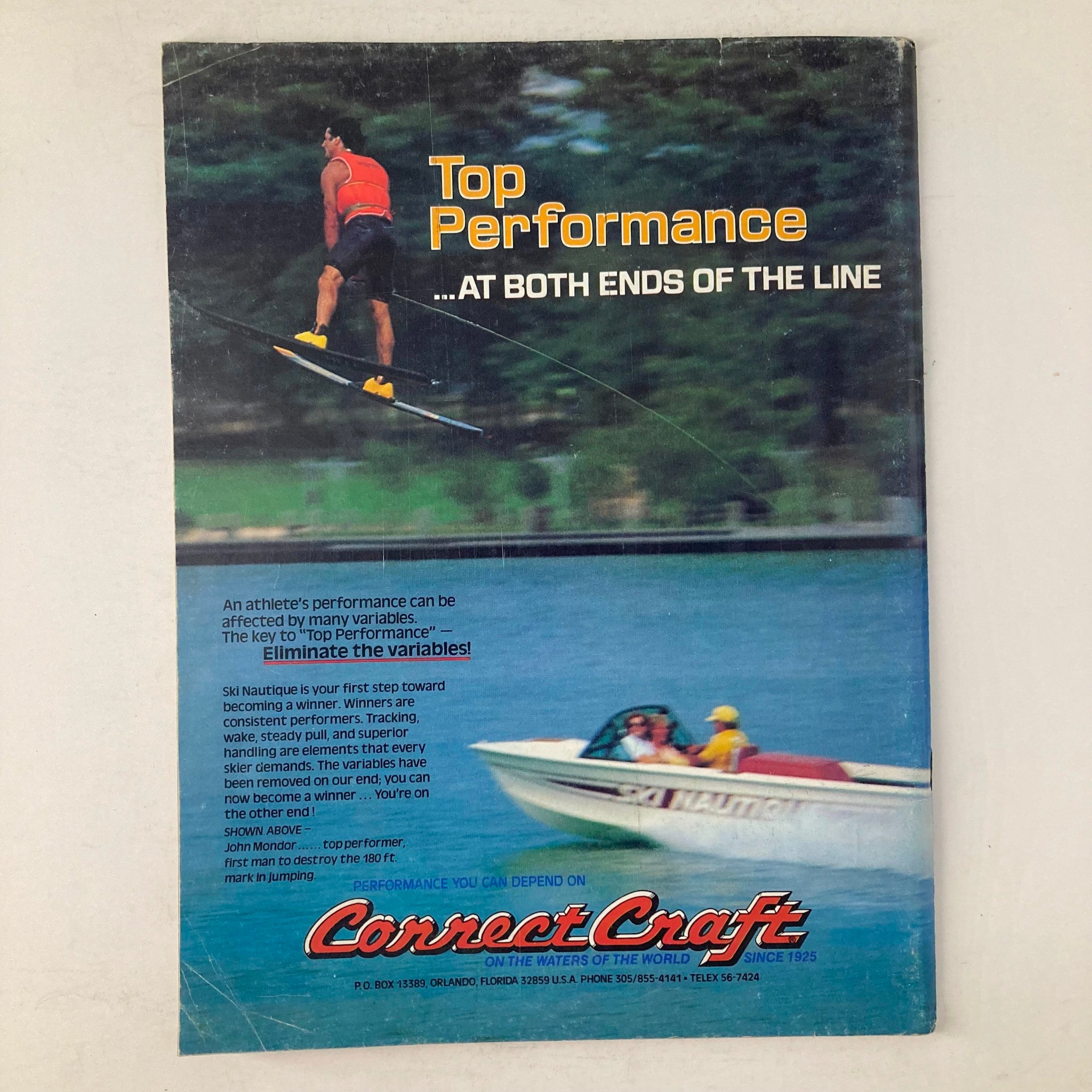 Back cover of Spray's Water Ski Magazine Winter 1980/1981 advertising Correct Craft boats, illustrating a water skier in action and promoting top performance in the sport.