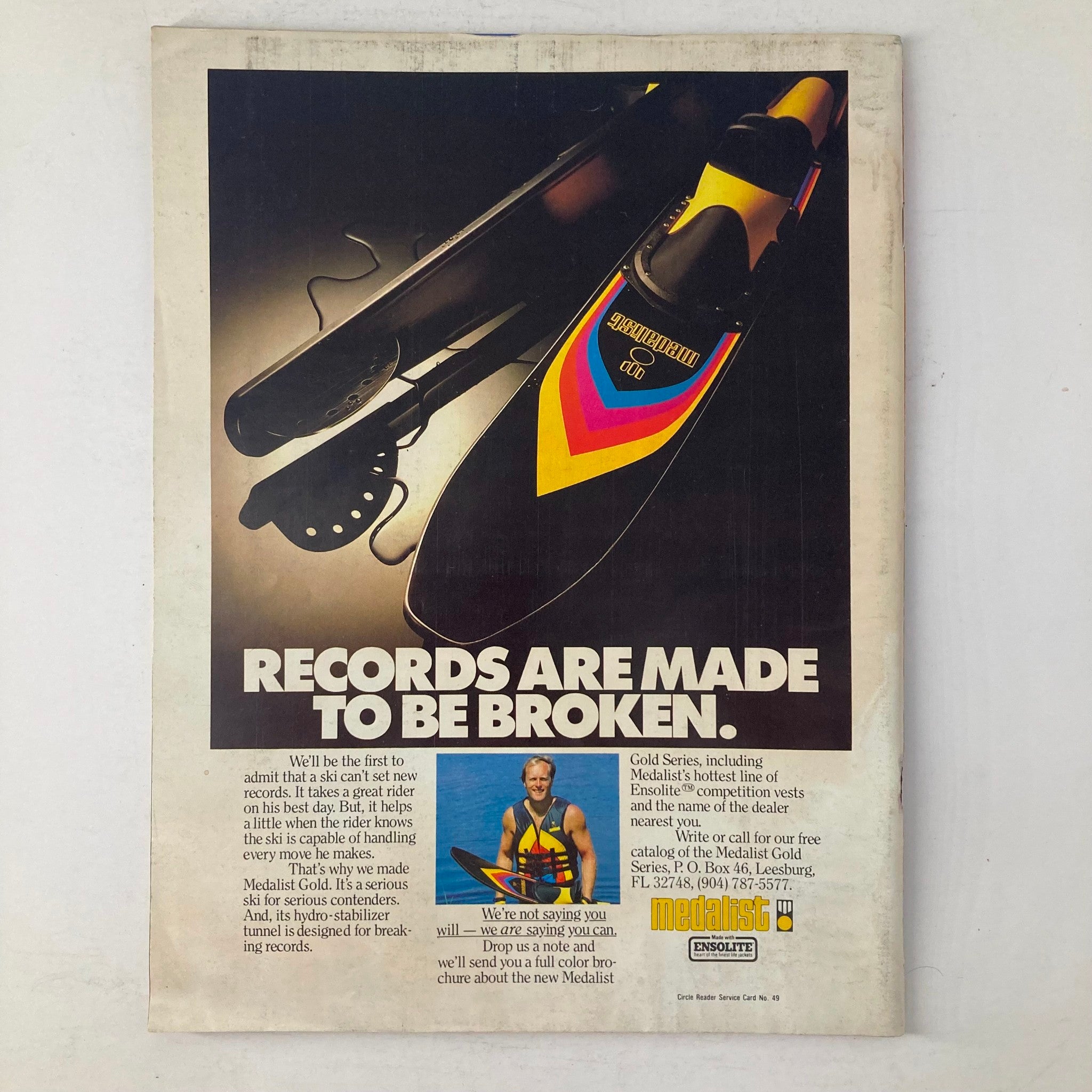 Advertisement in Spray's Water Ski Magazine February 1982, promoting Medalist Gold skis with the slogan 'Records are Made to Be Broken'.