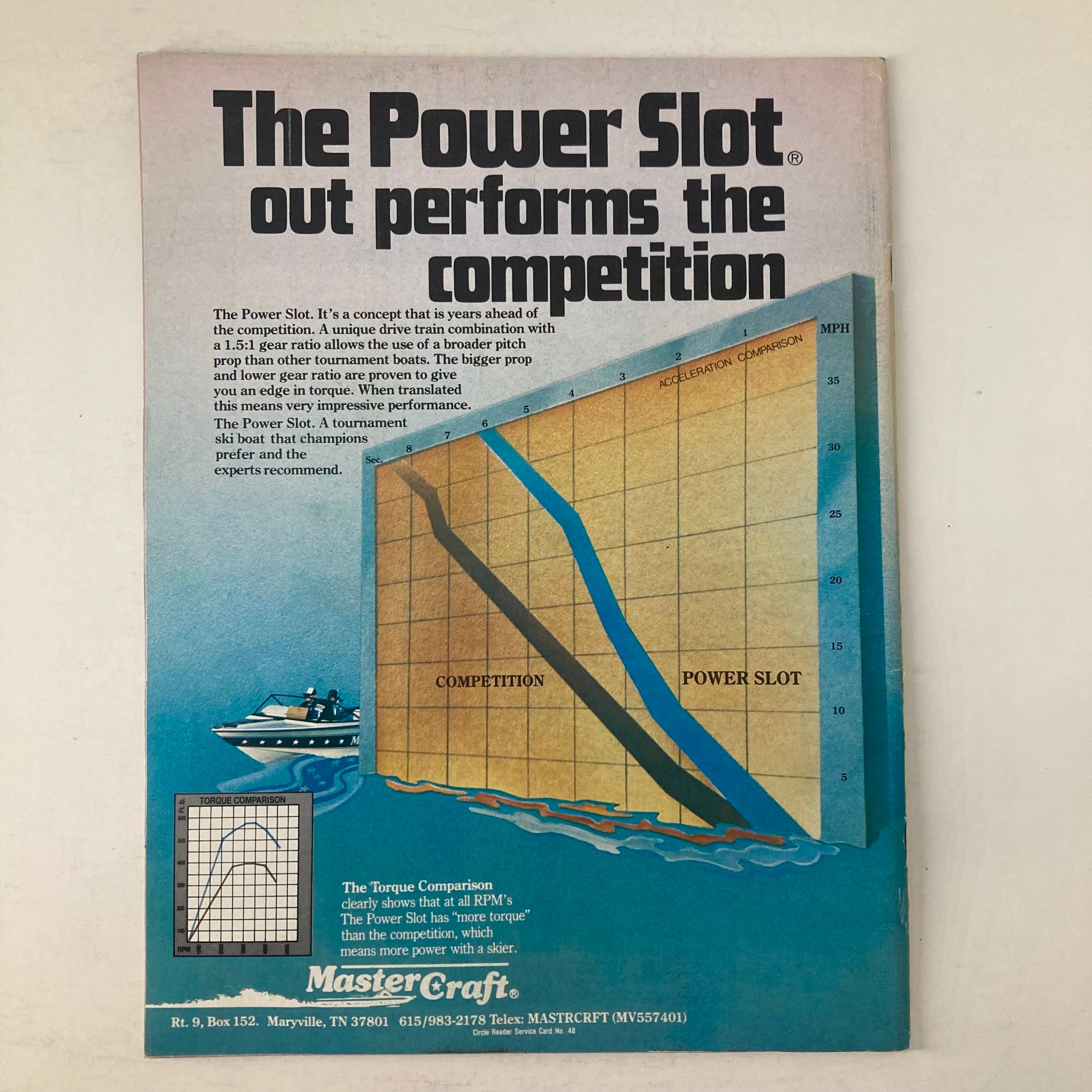 Advertisement page from Spray's Water Ski Magazine Fall 1982 highlighting MasterCraft's Power Slot technology, illustrating its performance compared to competition boats.