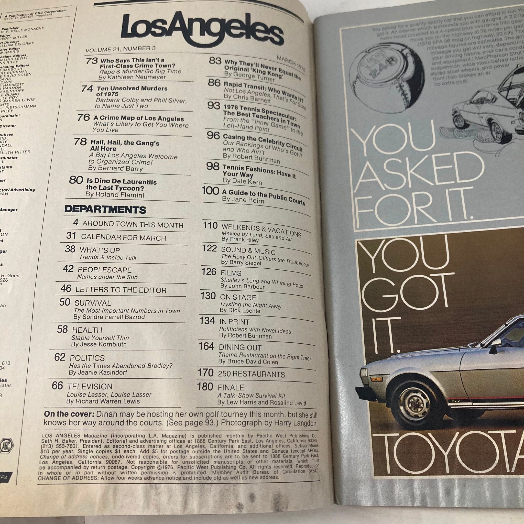 Table of contents from the March 1976 Los Angeles Magazine issue, listing articles including a feature on Dinah Shore and other cultural topics.
