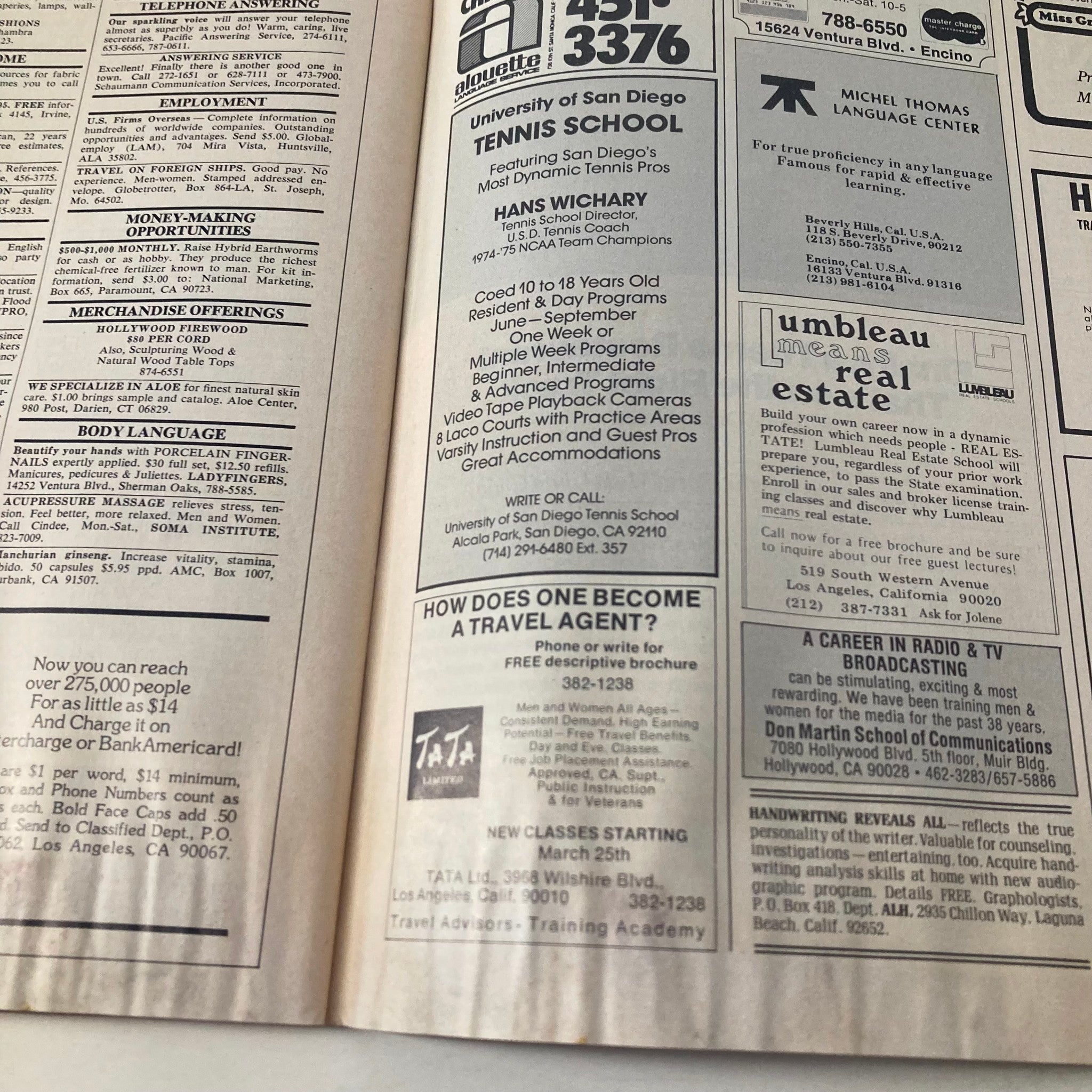 Advertisement section from the March 1976 issue of Los Angeles Magazine, featuring listings for tennis schools and community programs.