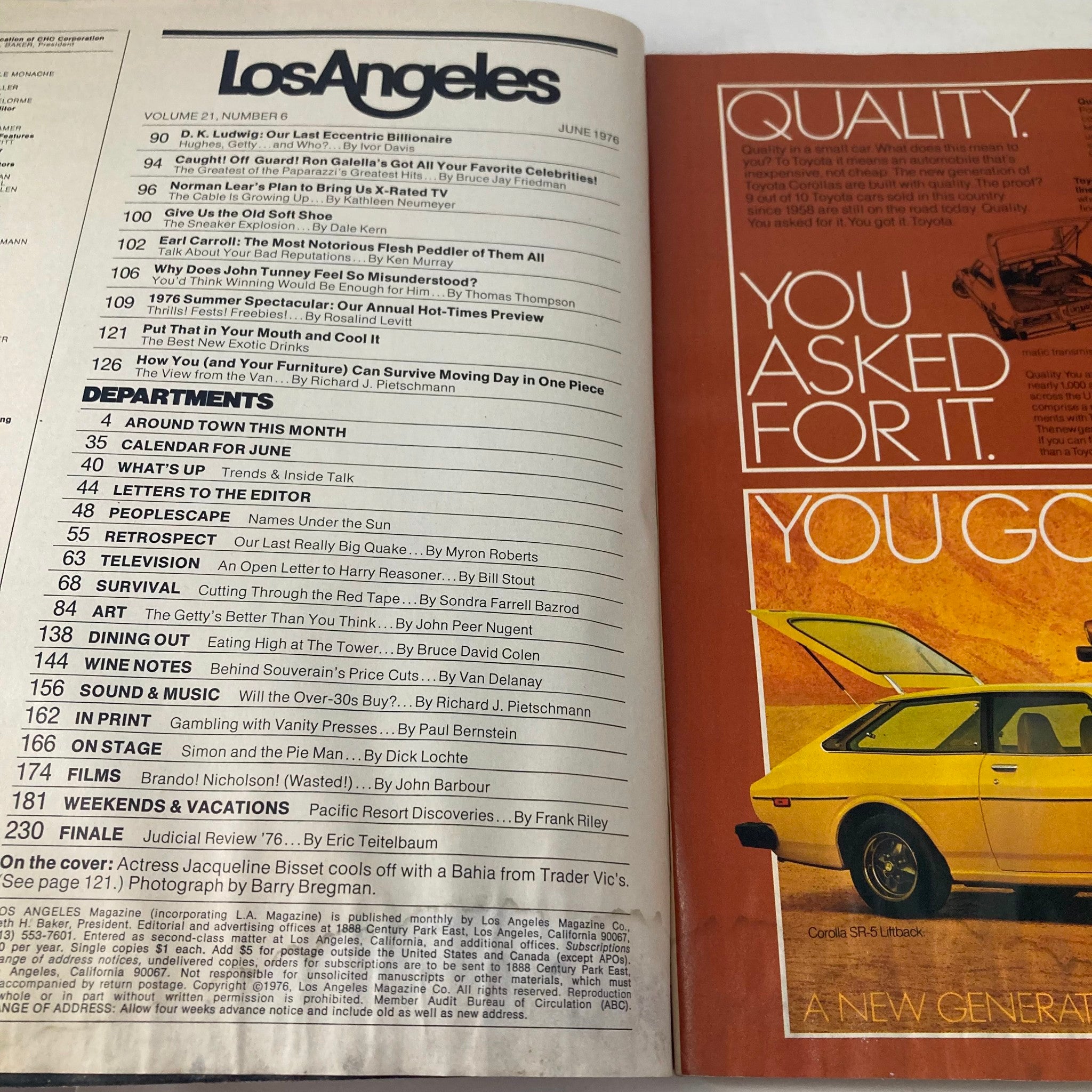 Table of contents from June 1976 Los Angeles Magazine showcasing various articles and features, including a nod to Jacqueline Bisset.