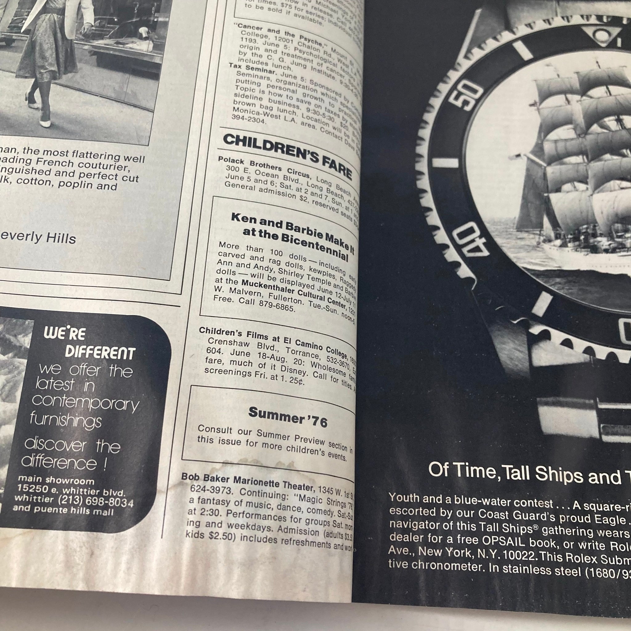 Interior page of June 1976 Los Angeles Magazine with listings for events and activities, emphasizing the cultural scene alongside Jacqueline Bisset's cover.