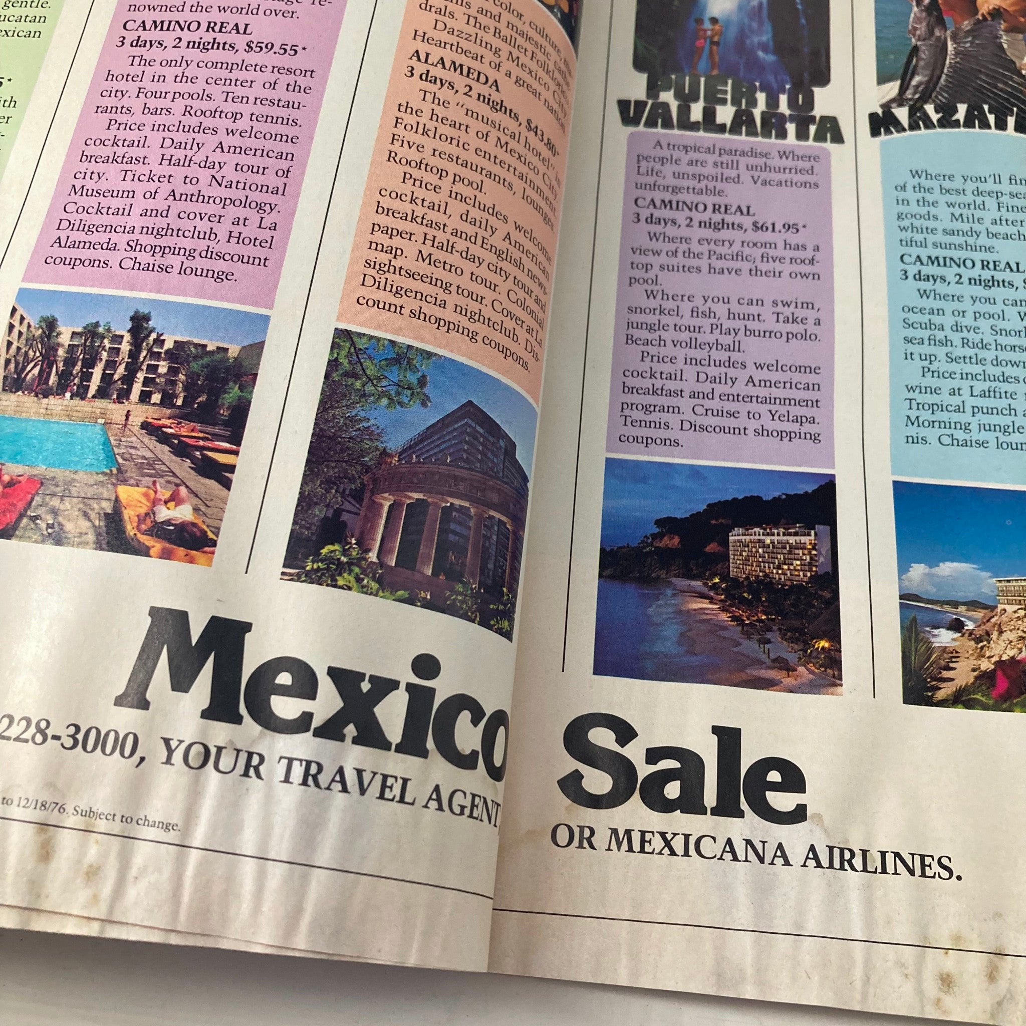 Interior page of the June 1976 Los Angeles Magazine featuring travel ads, highlighting vacation deals in Mexico, related to the VTG Los Angeles Magazine June 1976 Actress Jacqueline Bisset Cover Photo.