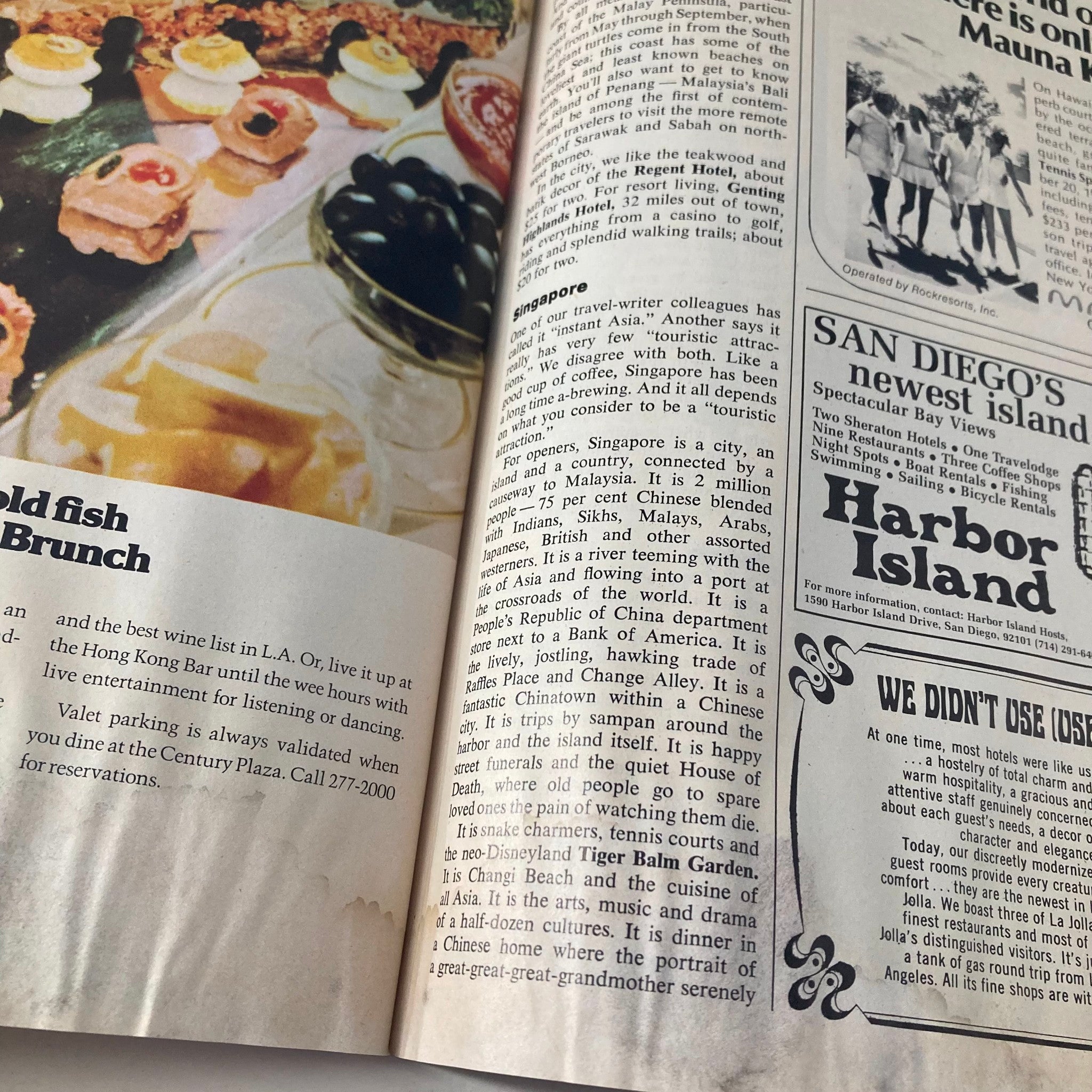 An article about travel destinations in the June 1976 Los Angeles Magazine, featuring Singapore and its attractions, linked to the VTG Los Angeles Magazine June 1976 Actress Jacqueline Bisset Cover Photo.