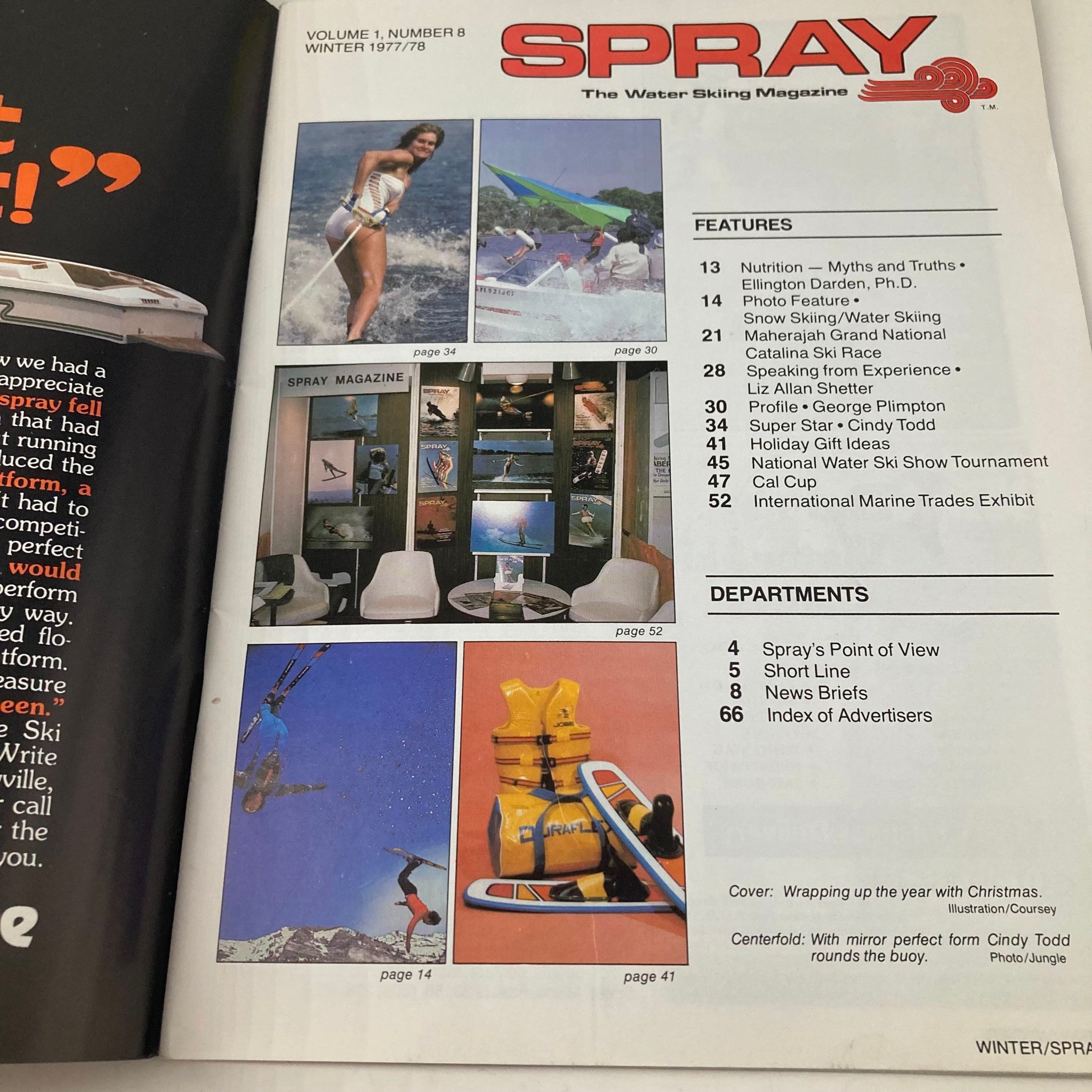 Inside spread of Spray The Water Skiing Magazine Winter 1977 featuring articles and features including Super Star Cindy Todd. Revealing key highlights of water skiing events, tips, and profiles of significant personalities in the sport.