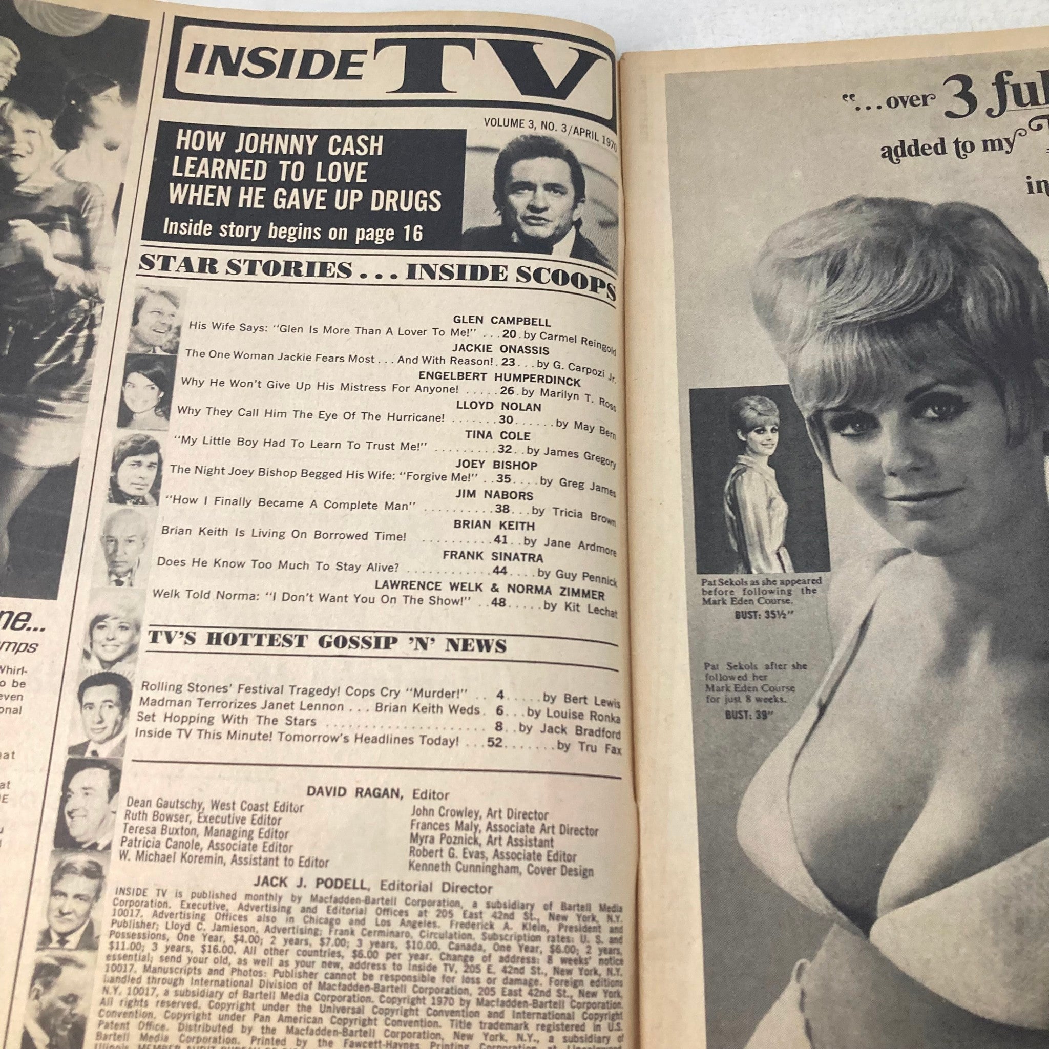 Inside page of VTG Inside TV Magazine April 1970 detailing stories including 'How Johnny Cash Learned to Love When He Gave Up Drugs' with features on Glen Campbell and other TV gossip.