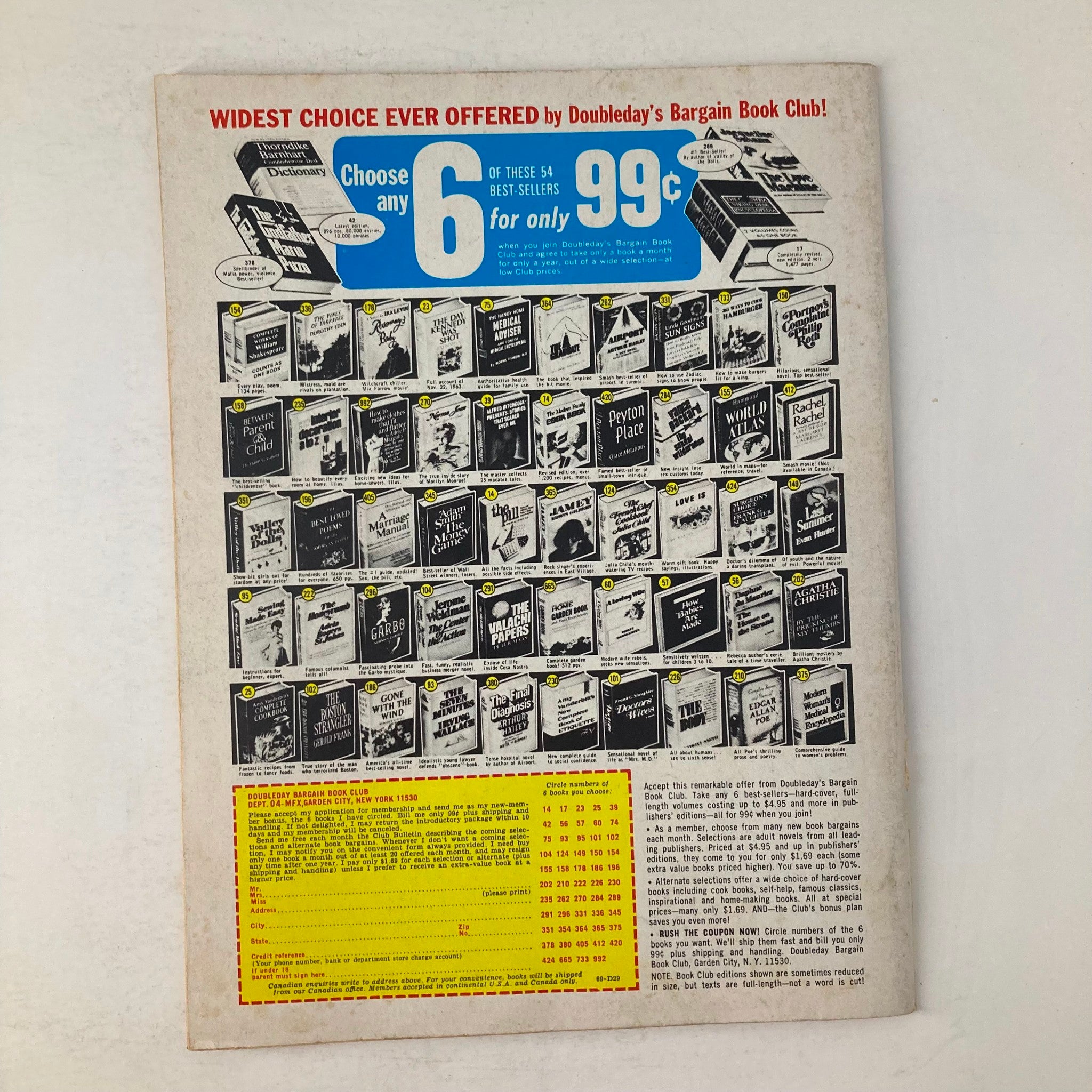 Back cover of VTG Inside TV Magazine April 1970 featuring book advertisements and ordering details for Doubleday's Bargain Book Club. Includes promotional offer to choose 6 best-sellers for only 99 cents.