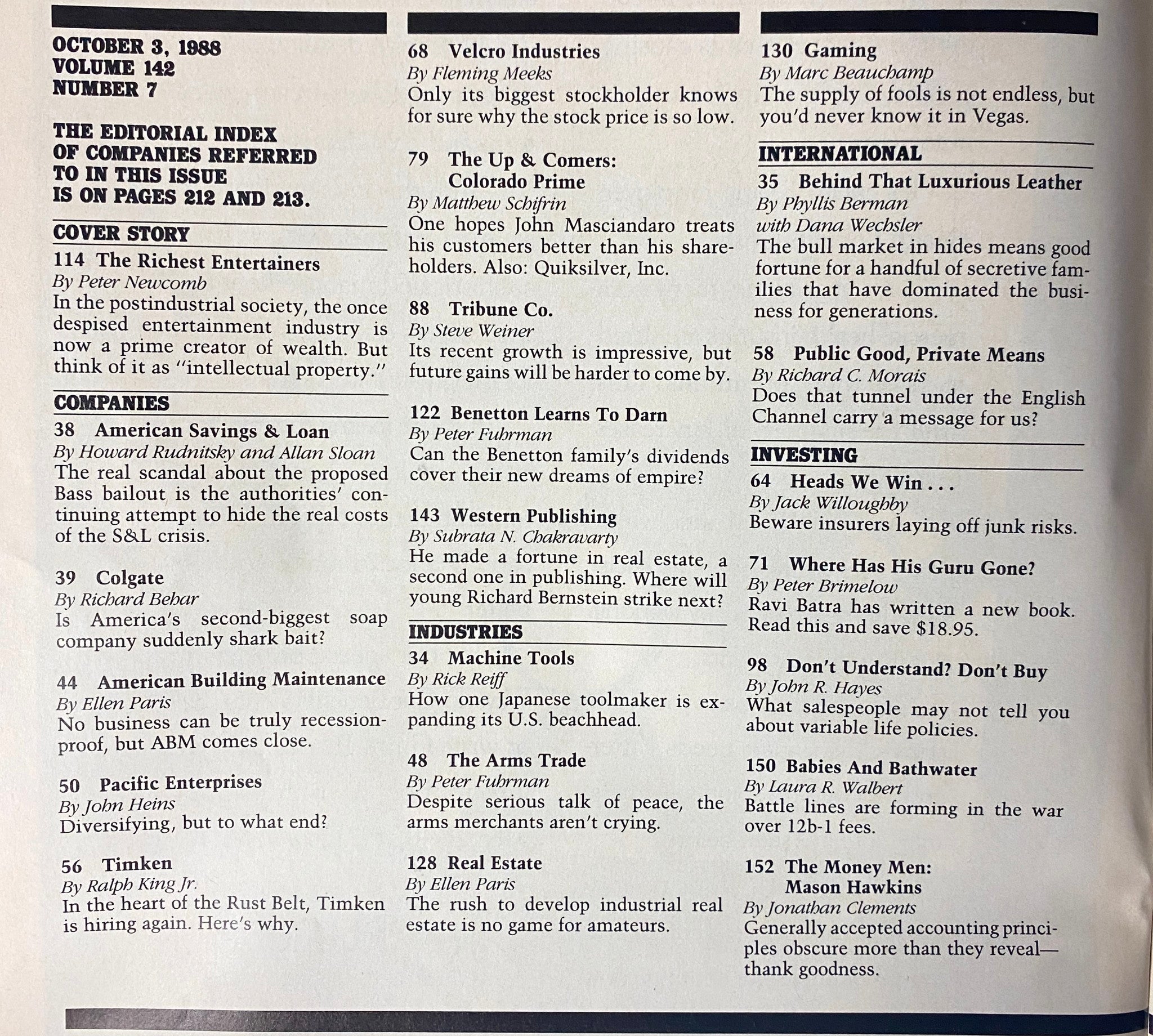 Interior page of Forbes Magazine October 3, 1988 displaying the editorial index of companies and notable articles discussed in this issue.
