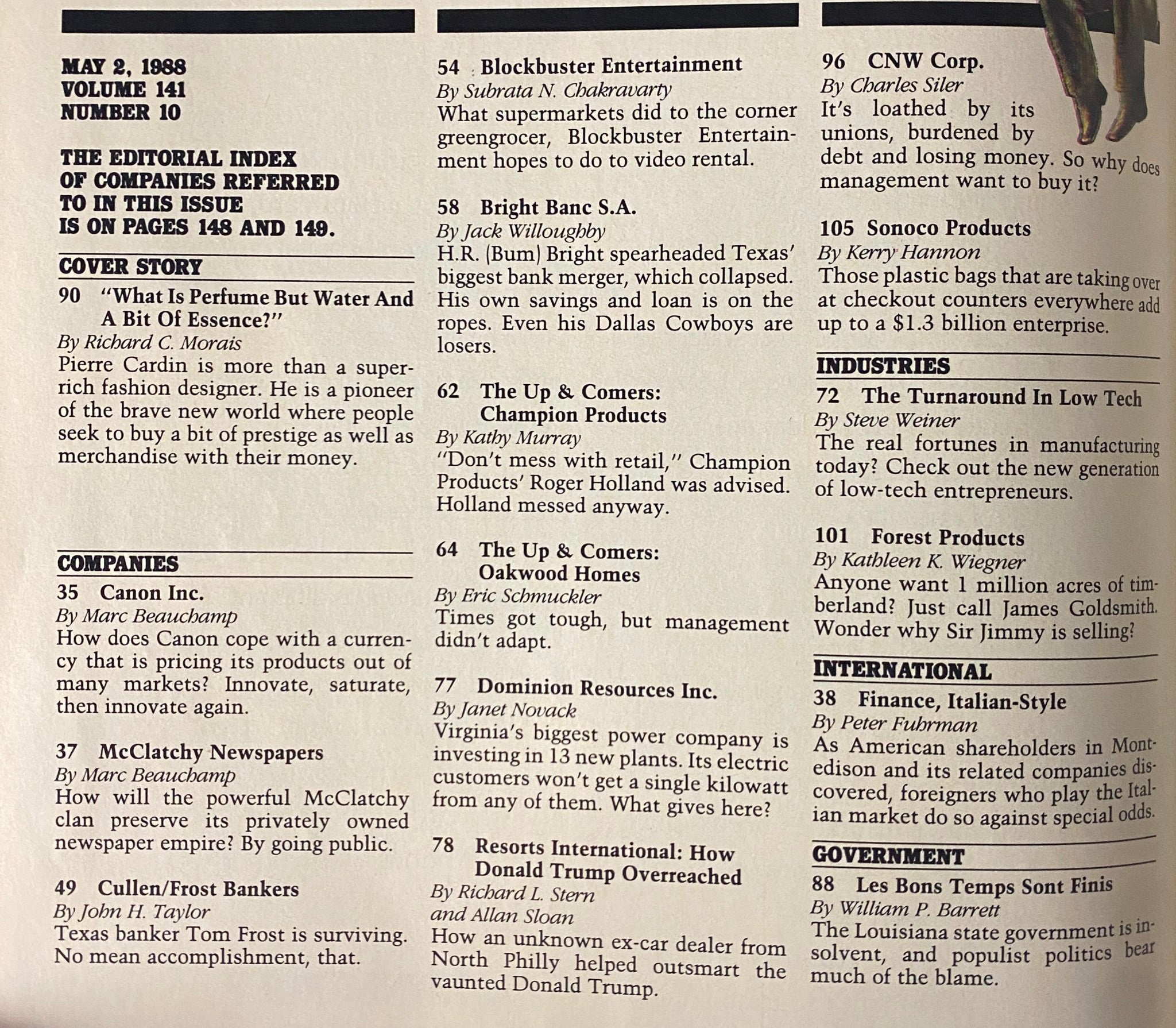Editorial index page from Forbes Magazine May 2, 1988, detailing featured companies and articles including Blockbuster Entertainment.