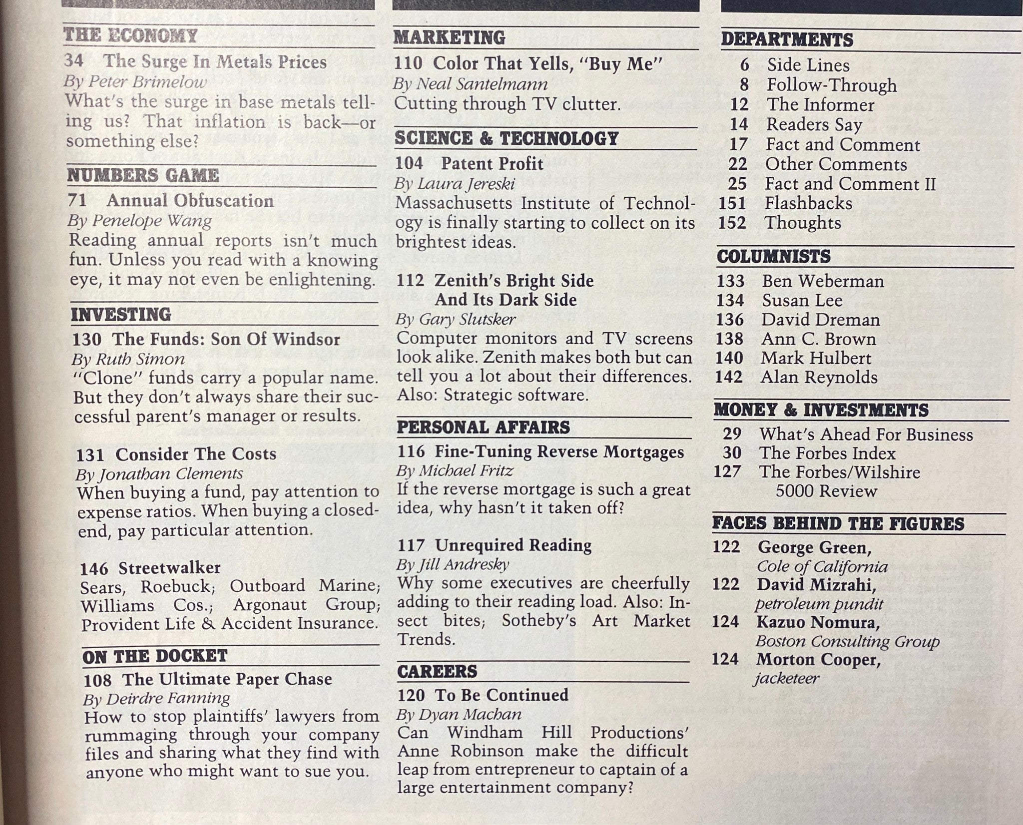 Investment and economy sections from Forbes Magazine May 2, 1988, highlighting articles about financial strategies.