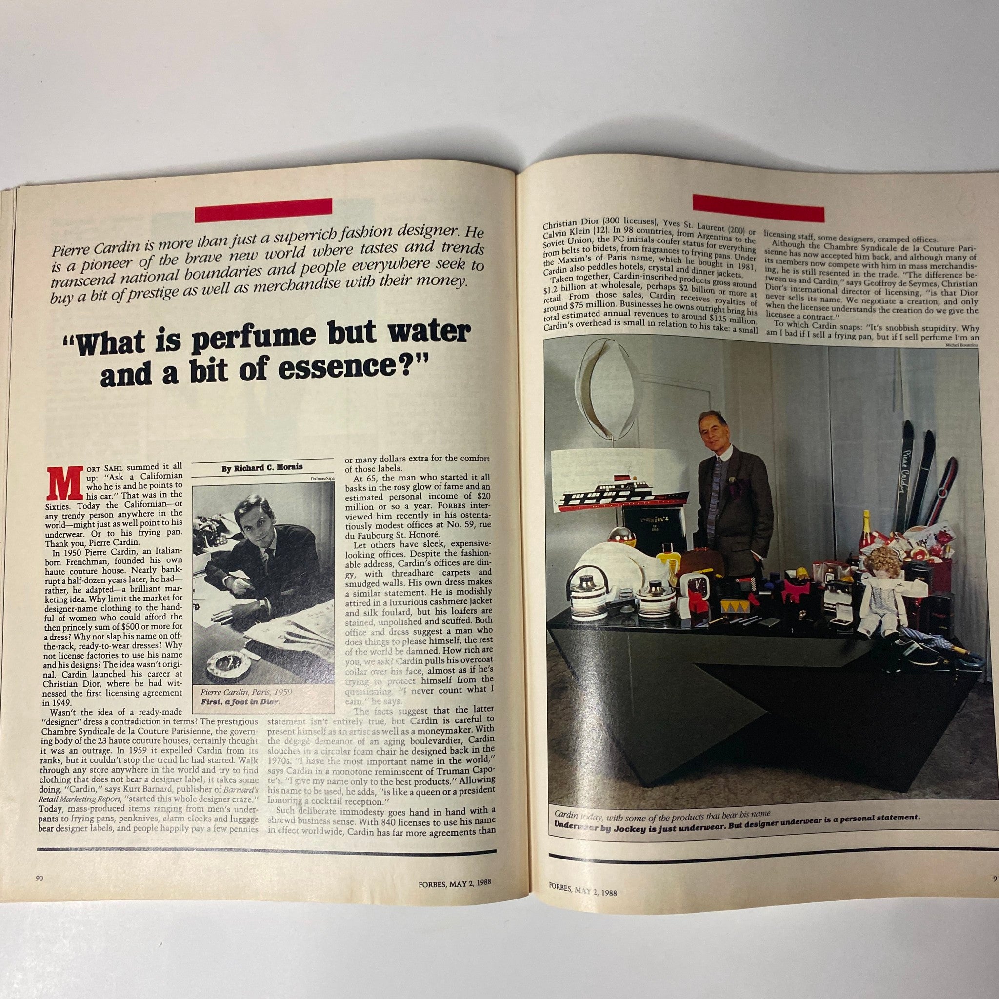 Feature article page from Forbes Magazine May 2, 1988 discussing Pierre Cardin's innovative approach to fashion and branding.