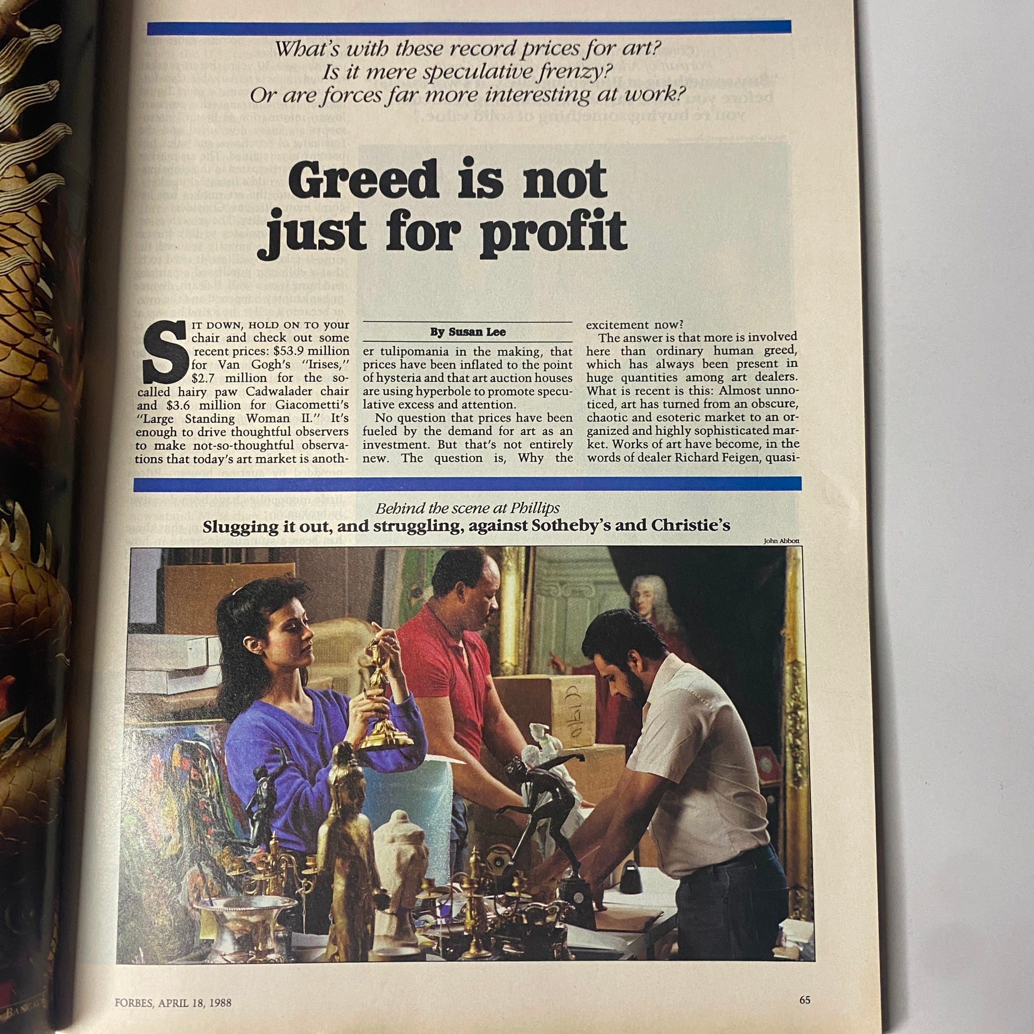 Feature article spread titled 'Greed is Not Just for Profit' by Susan Lee in Forbes Magazine April 18, 1988, discussing the art market and investments.