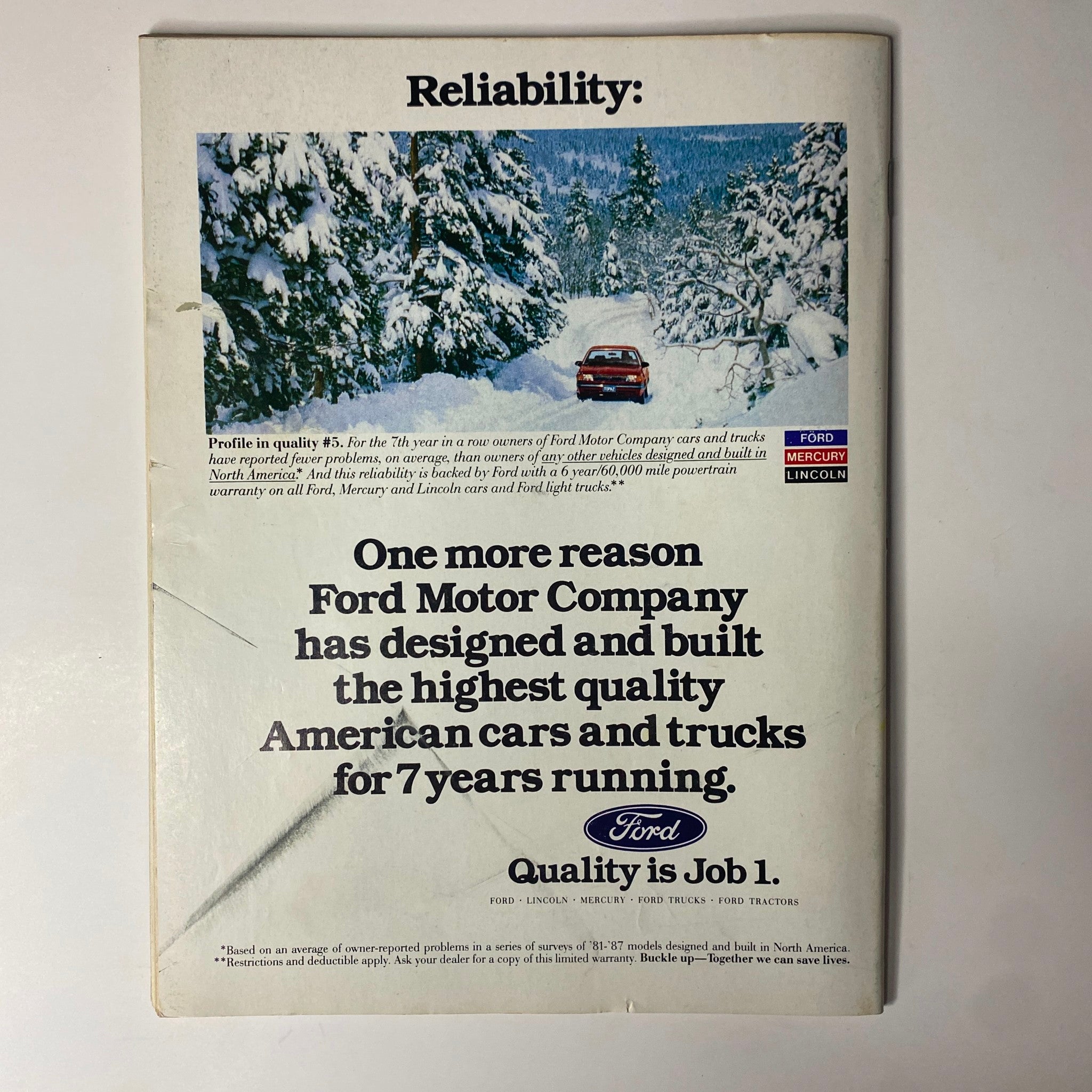 Back cover advertisement of Ford Motor Company in Forbes Magazine April 18, 1988, promoting the reliability of Ford vehicles.